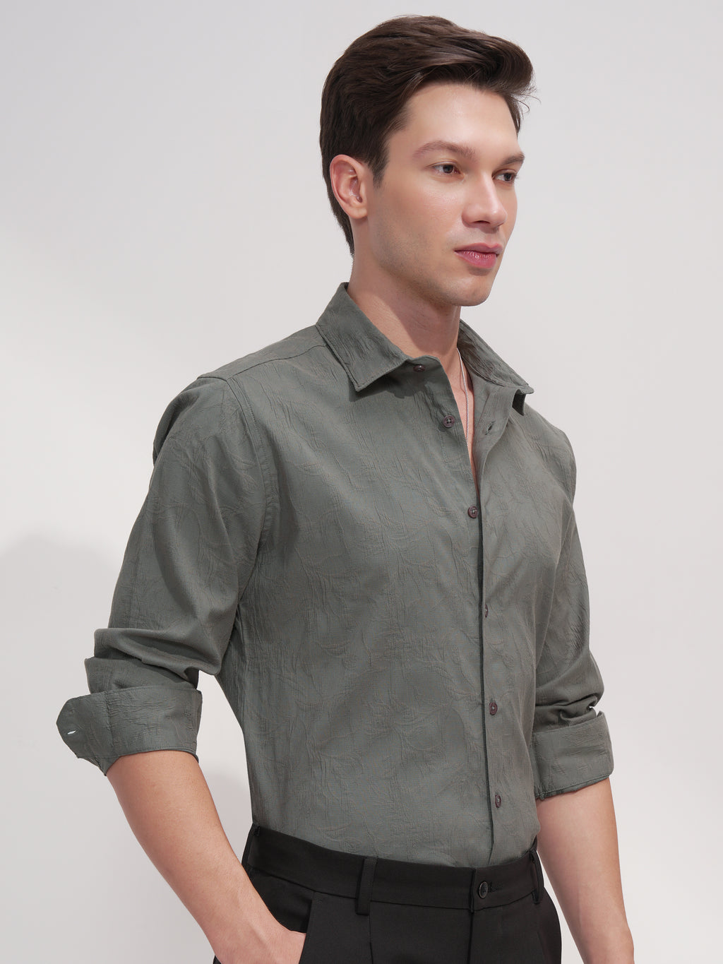 Highlander Men Olive Self Design Slim Fit Casual Shirt - Olive - Image 6