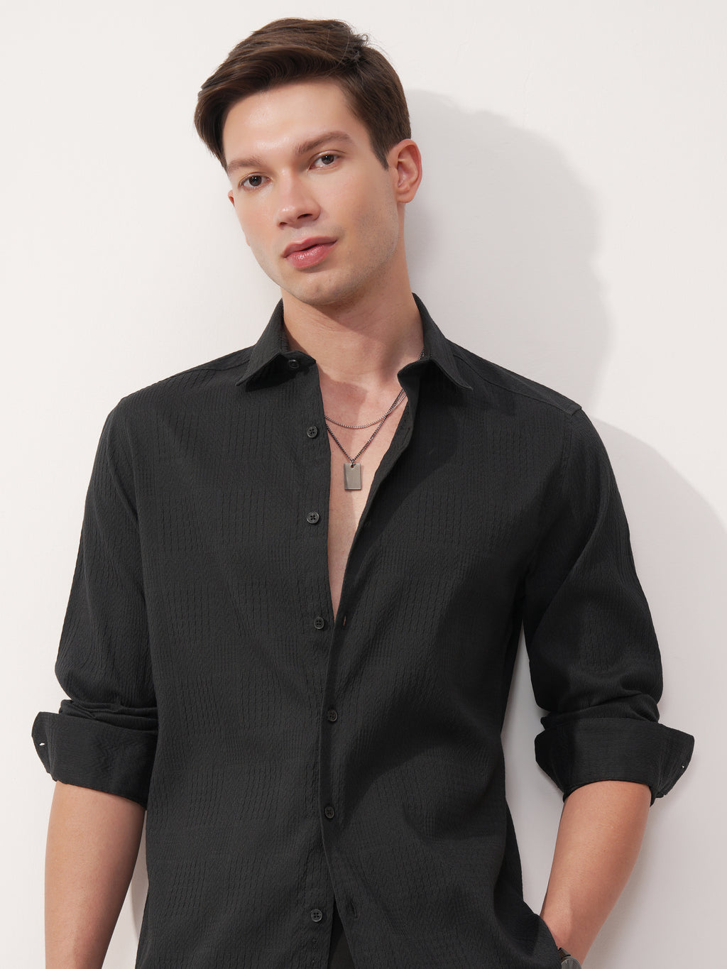 Highlander Men Black Self Design Slim Fit Casual Shirt - Black - Image 1
