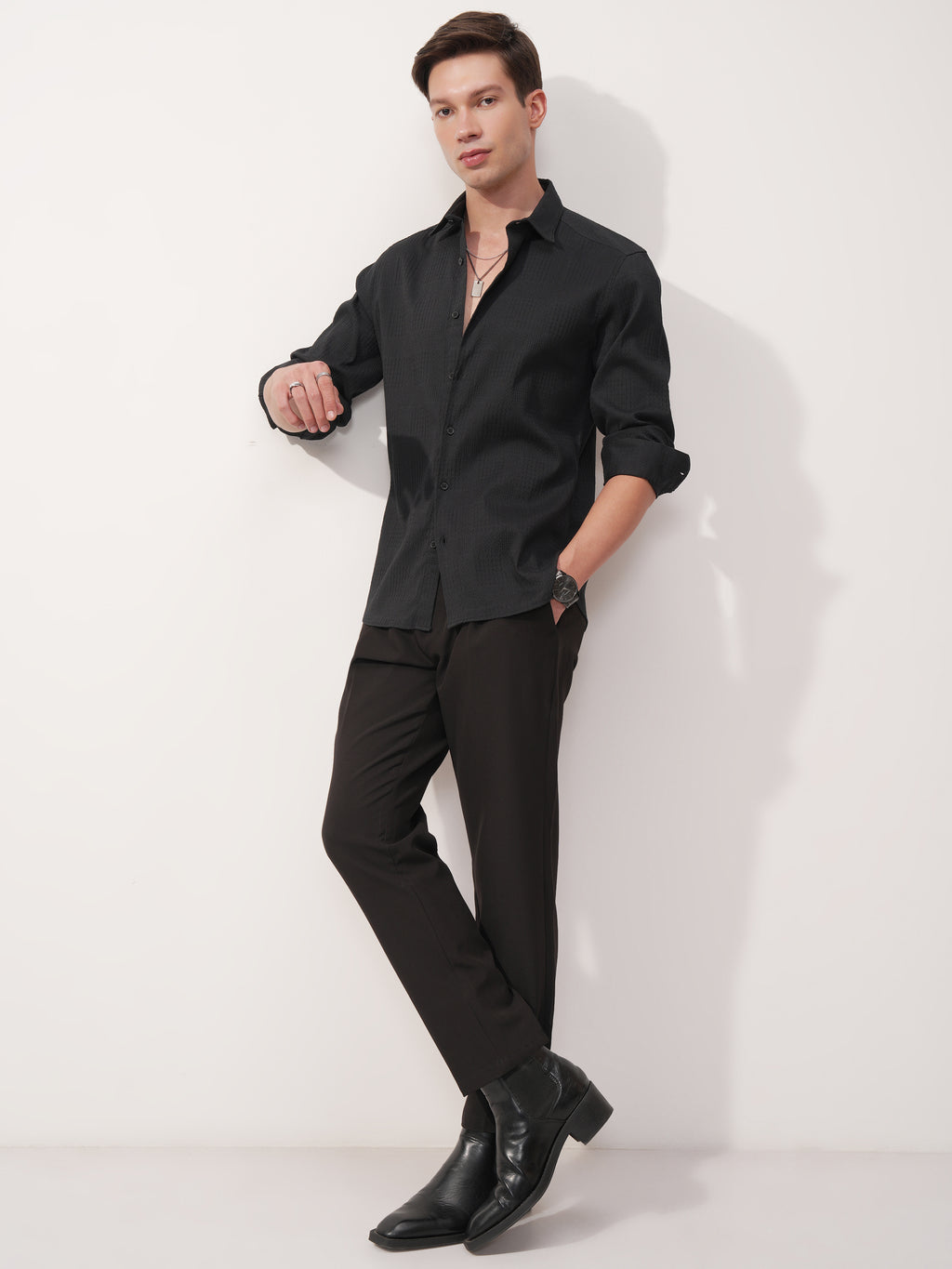 Highlander Men Black Self Design Slim Fit Casual Shirt - Black - Image 2