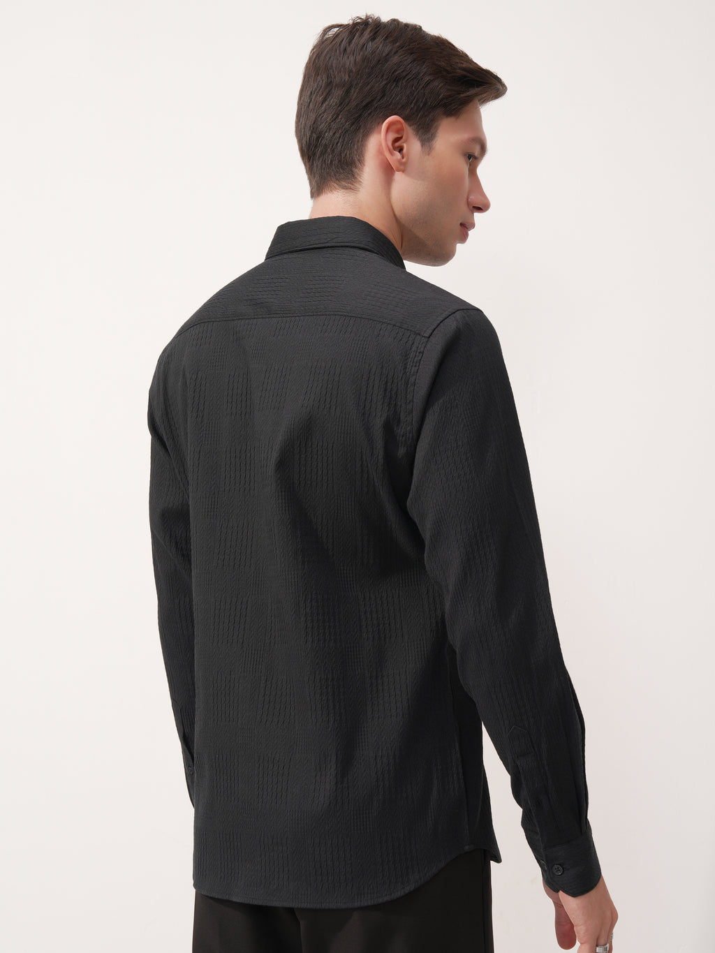 Highlander Men Black Self Design Slim Fit Casual Shirt - Black - Image 3