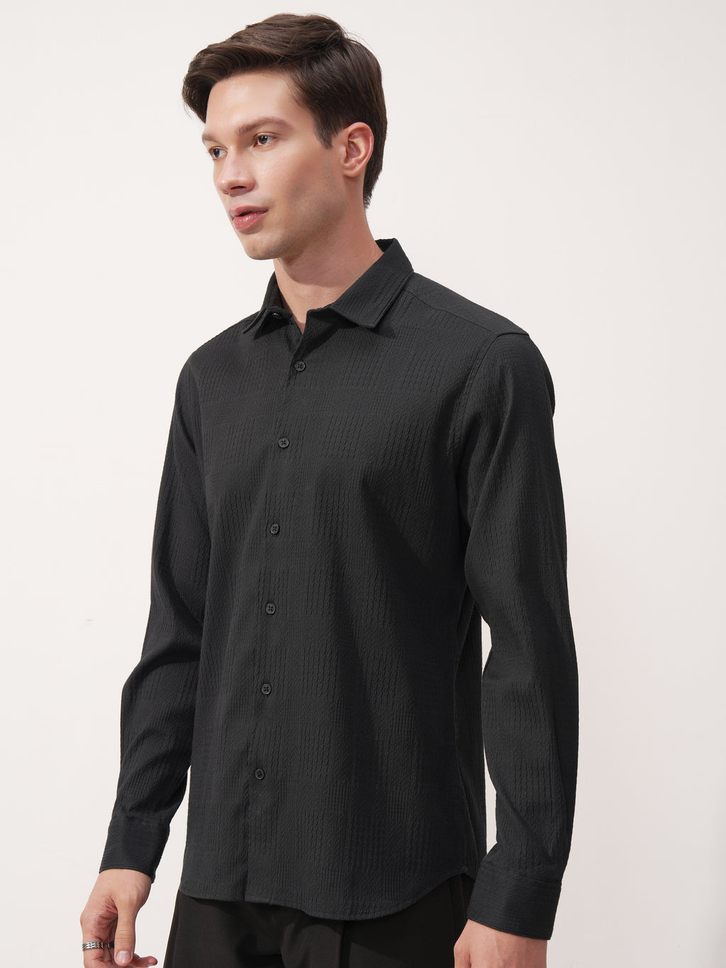 Highlander Men Black Self Design Slim Fit Casual Shirt - Black - Image 4
