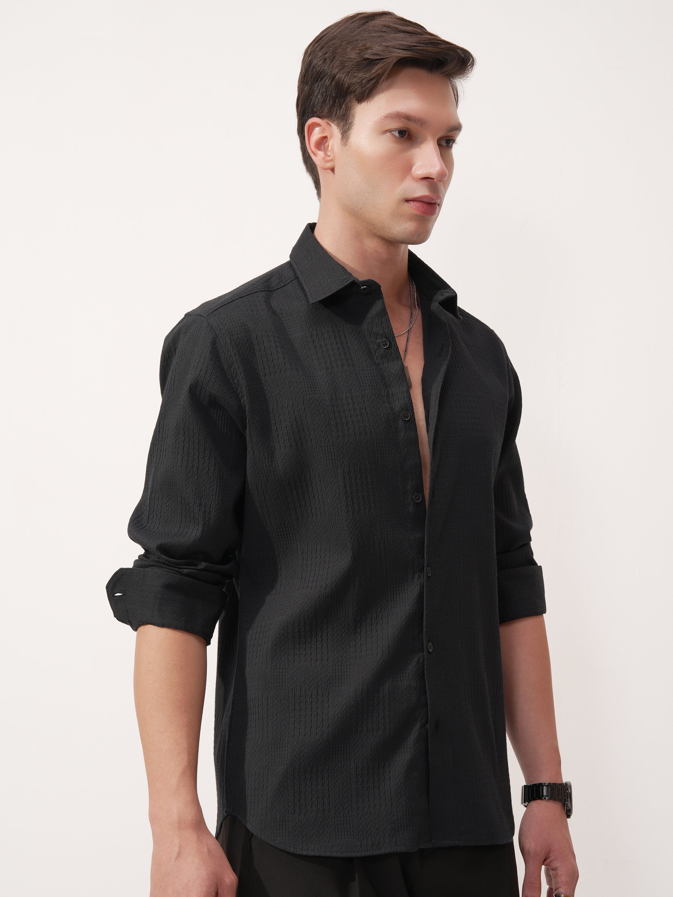 Highlander Men Black Self Design Slim Fit Casual Shirt - Black - Image 6