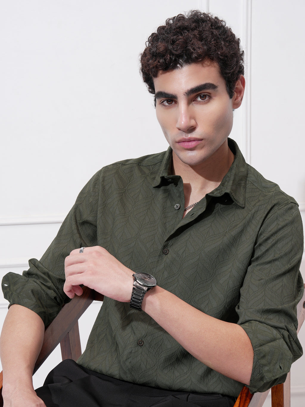 Highlander Men Green Self Design Slim Fit Casual Shirt - Green - Image 1