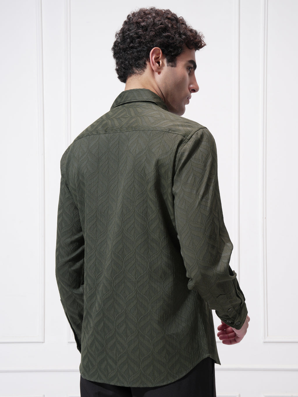 Highlander Men Green Self Design Slim Fit Casual Shirt - Green - Image 3