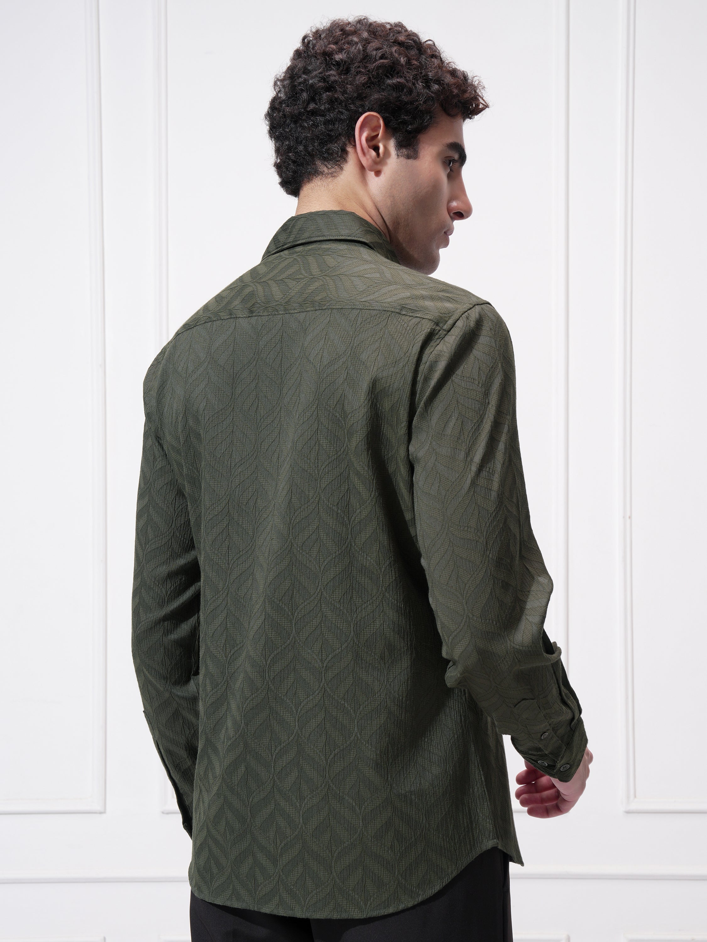Highlander Men Green Self Design Slim Fit Casual Shirt - Green - Image 3