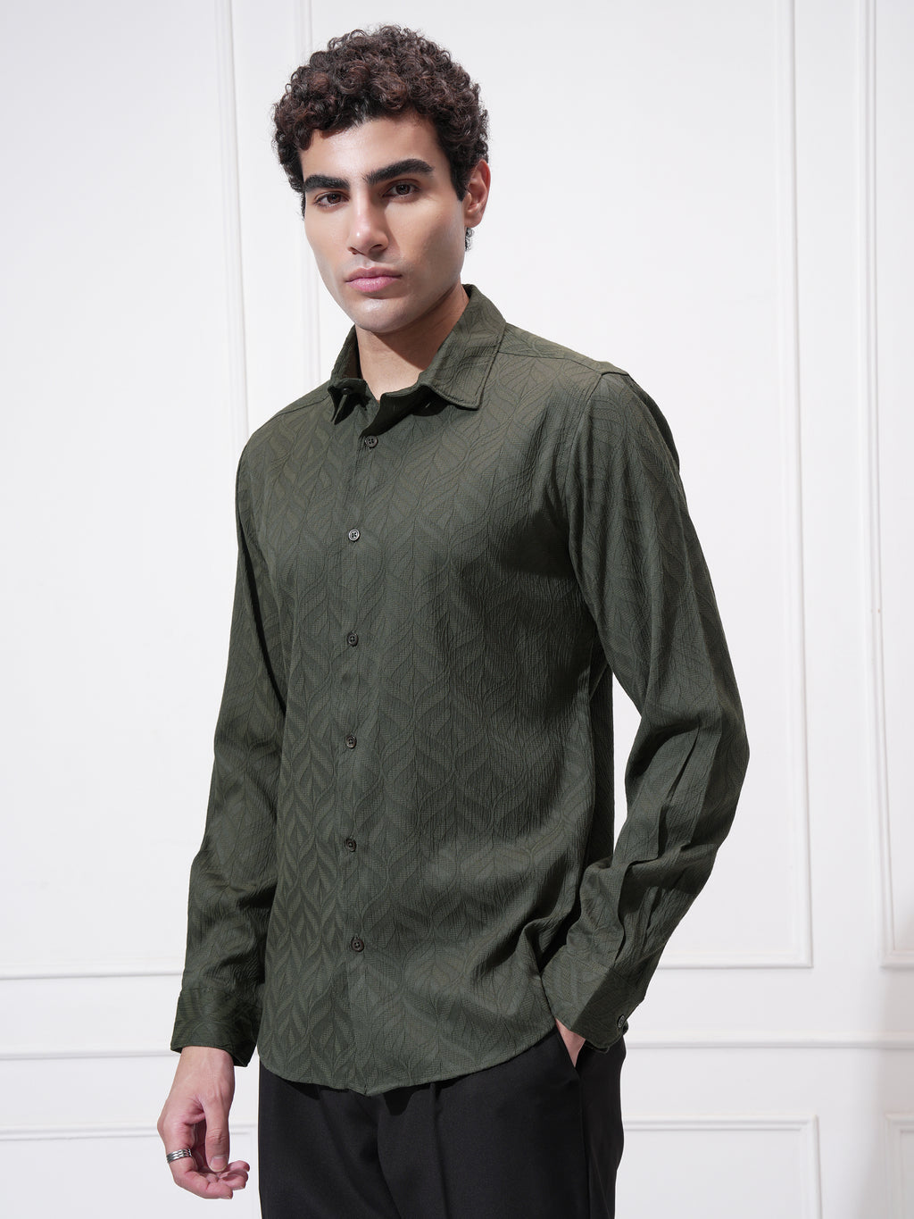 Highlander Men Green Self Design Slim Fit Casual Shirt - Green - Image 4