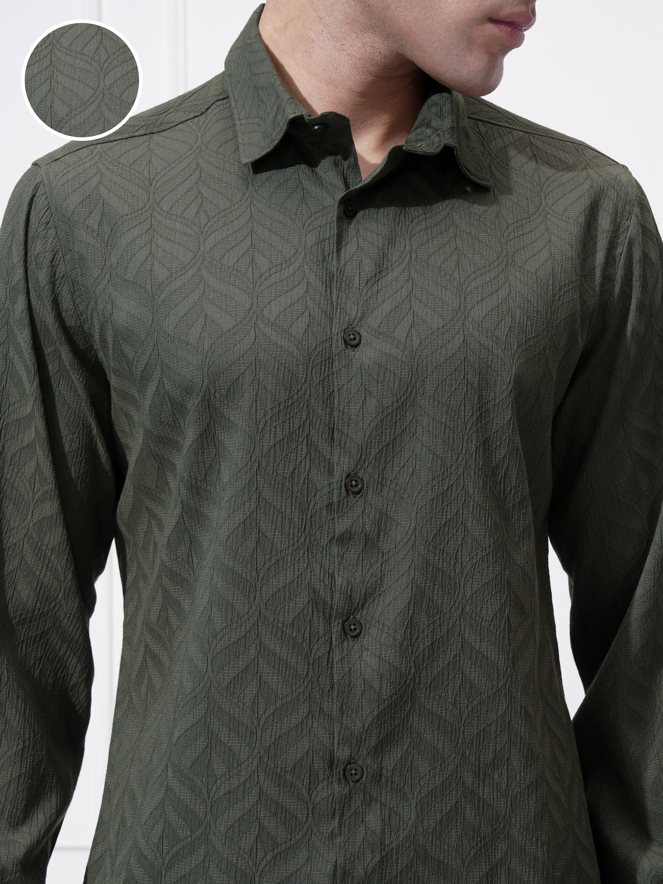 Highlander Men Green Self Design Slim Fit Casual Shirt - Green - Image 5