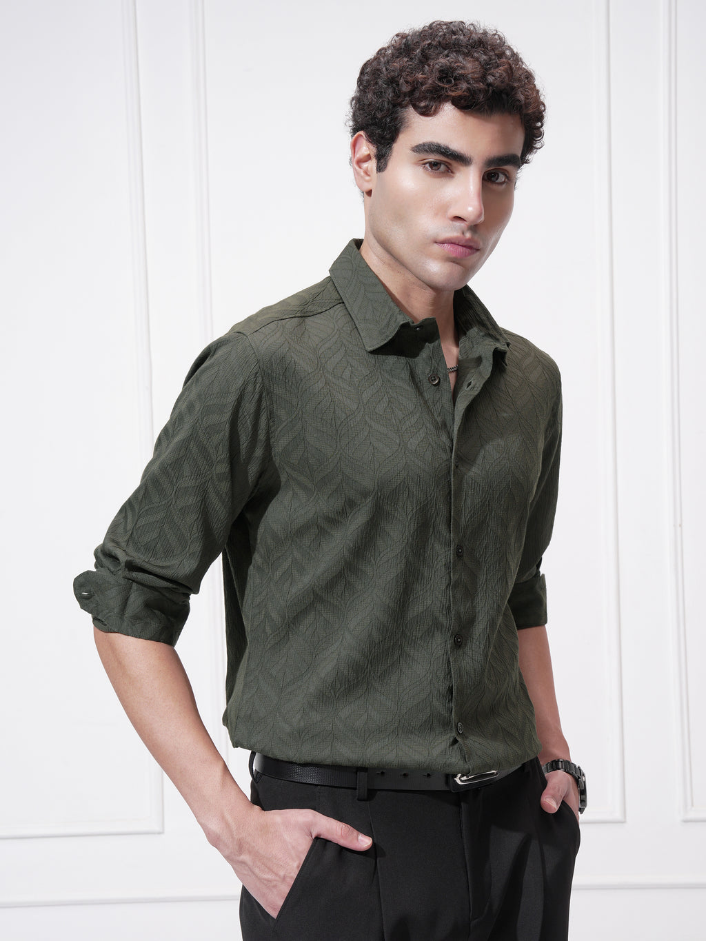 Highlander Men Green Self Design Slim Fit Casual Shirt - Green - Image 6