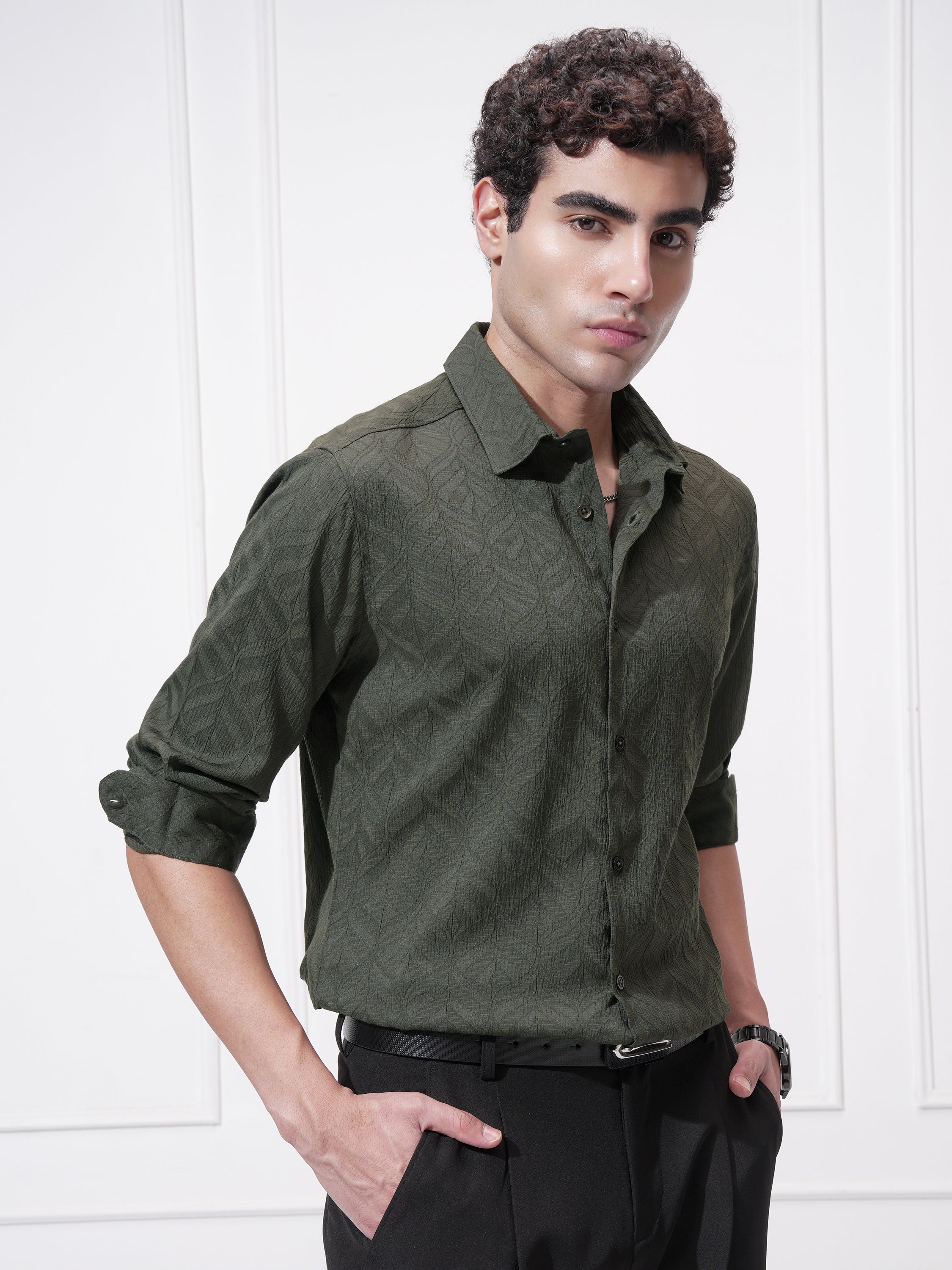 Highlander Men Green Self Design Slim Fit Casual Shirt - Green - Image 6