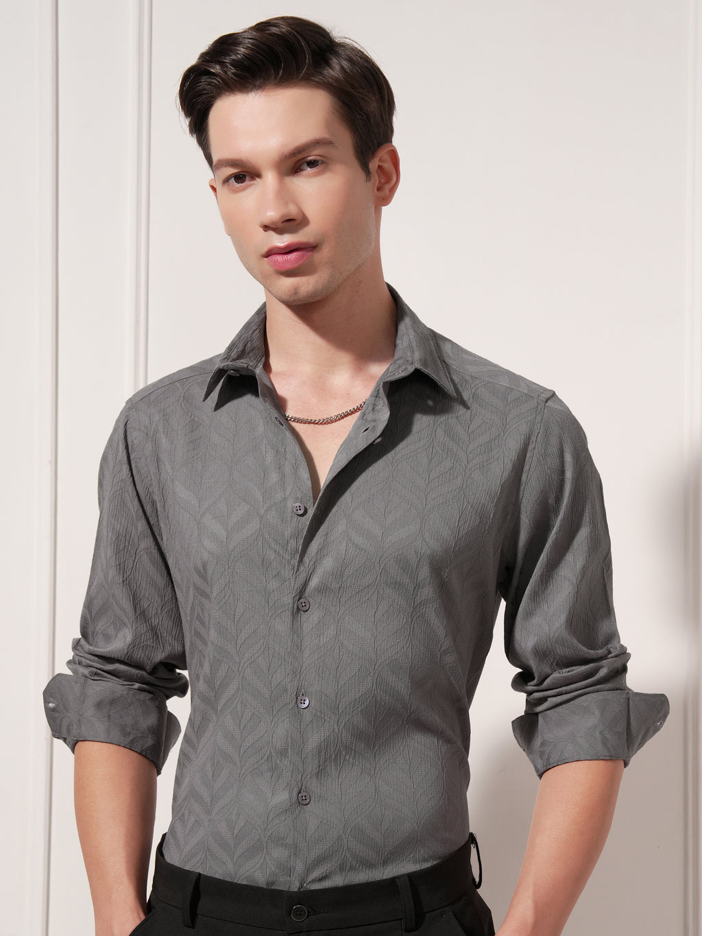 Highlander Men Charcoal Self Design Slim Fit Casual Shirt - Charcoal - Image 1