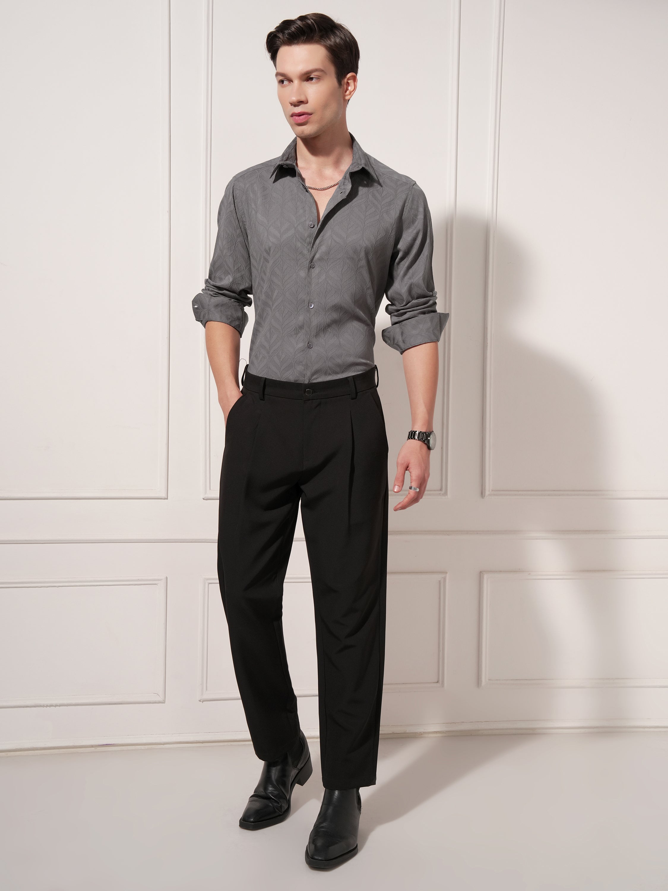 Highlander Men Charcoal Self Design Slim Fit Casual Shirt - Charcoal - Image 2