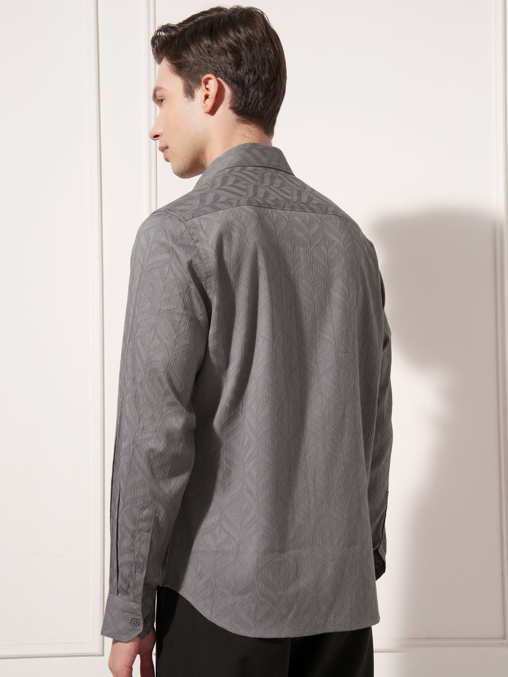 Highlander Men Charcoal Self Design Slim Fit Casual Shirt - Charcoal - Image 3