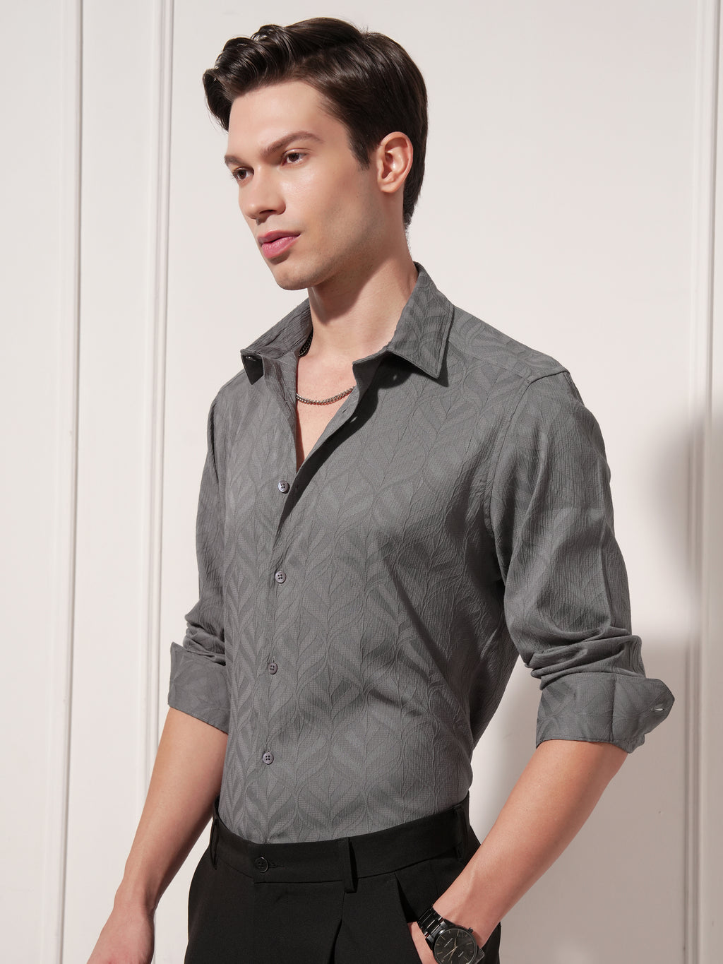 Highlander Men Charcoal Self Design Slim Fit Casual Shirt - Charcoal - Image 4