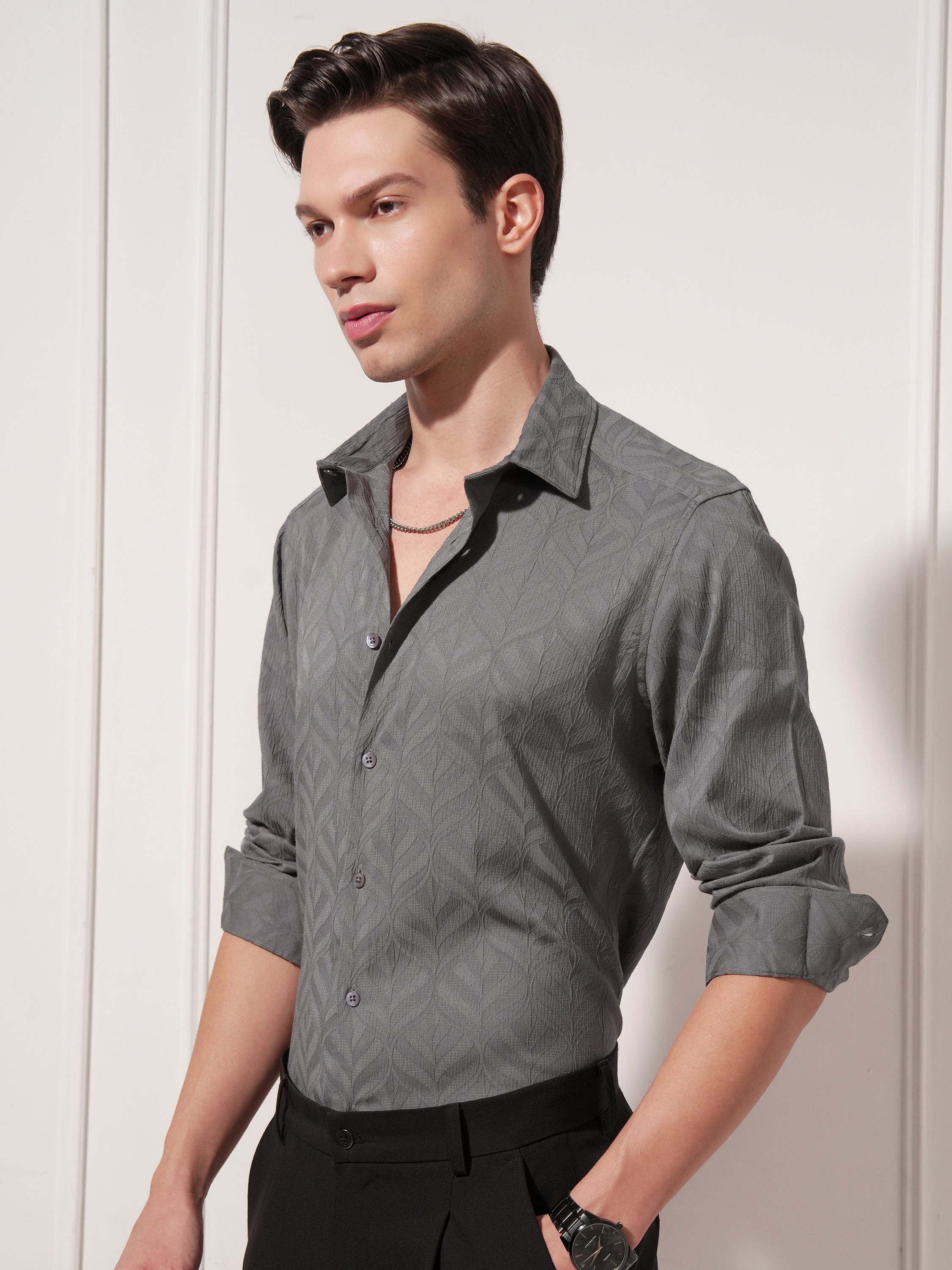 Highlander Men Charcoal Self Design Slim Fit Casual Shirt - Charcoal - Image 4