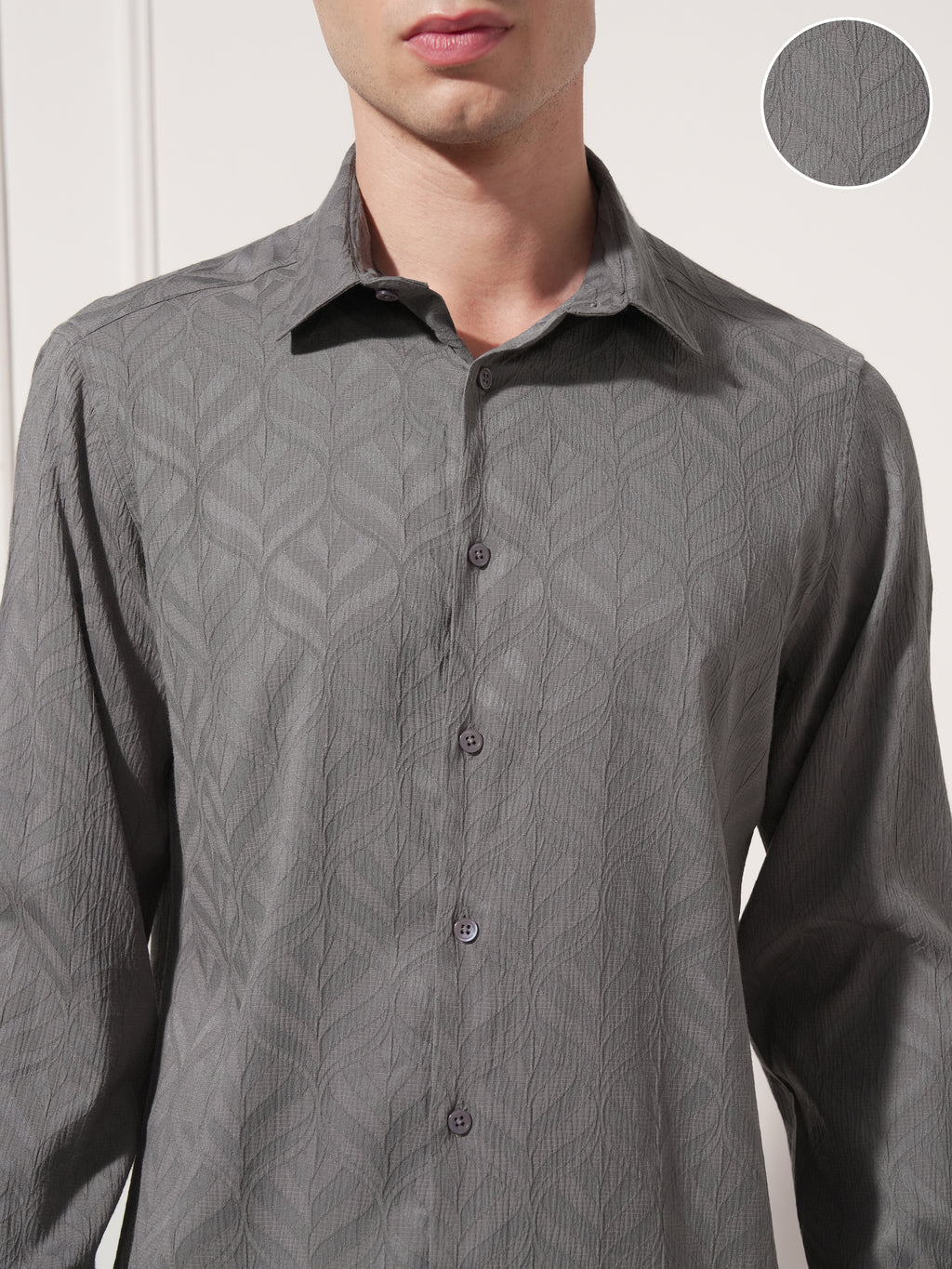 Highlander Men Charcoal Self Design Slim Fit Casual Shirt - Charcoal - Image 5
