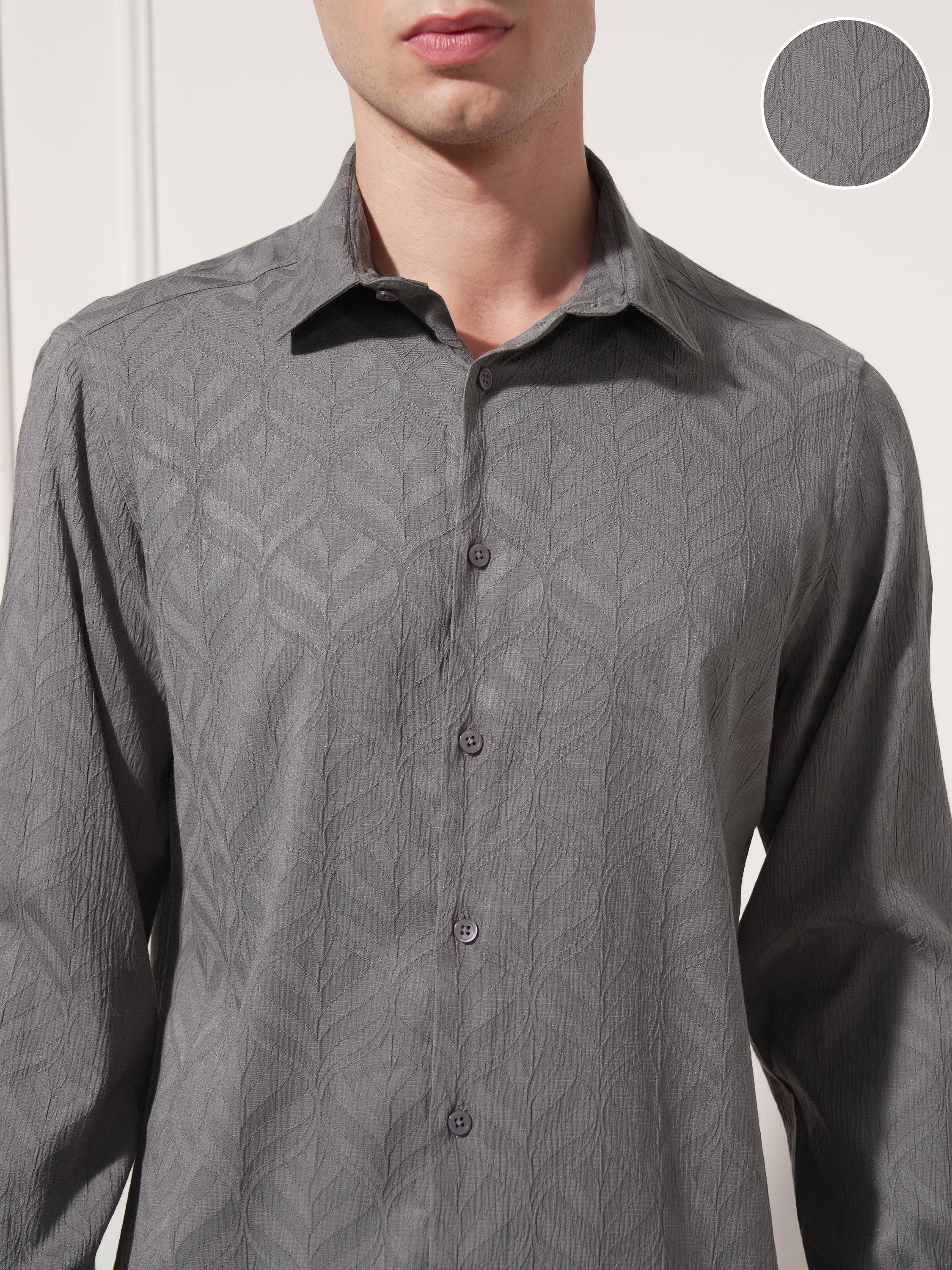 Highlander Men Charcoal Self Design Slim Fit Casual Shirt - Charcoal - Image 5
