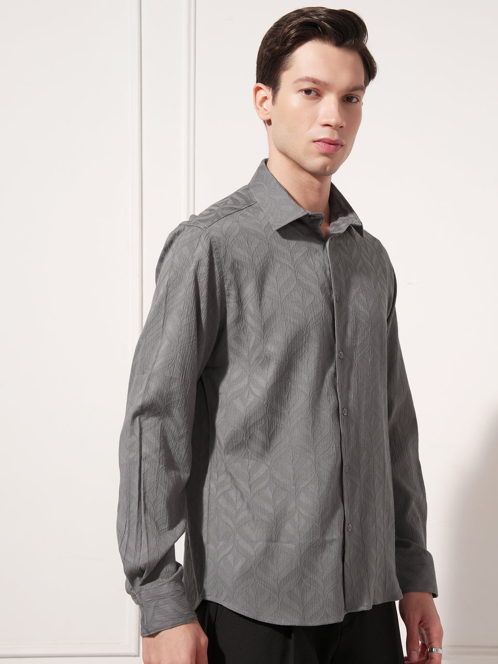 Highlander Men Charcoal Self Design Slim Fit Casual Shirt - Charcoal - Image 6