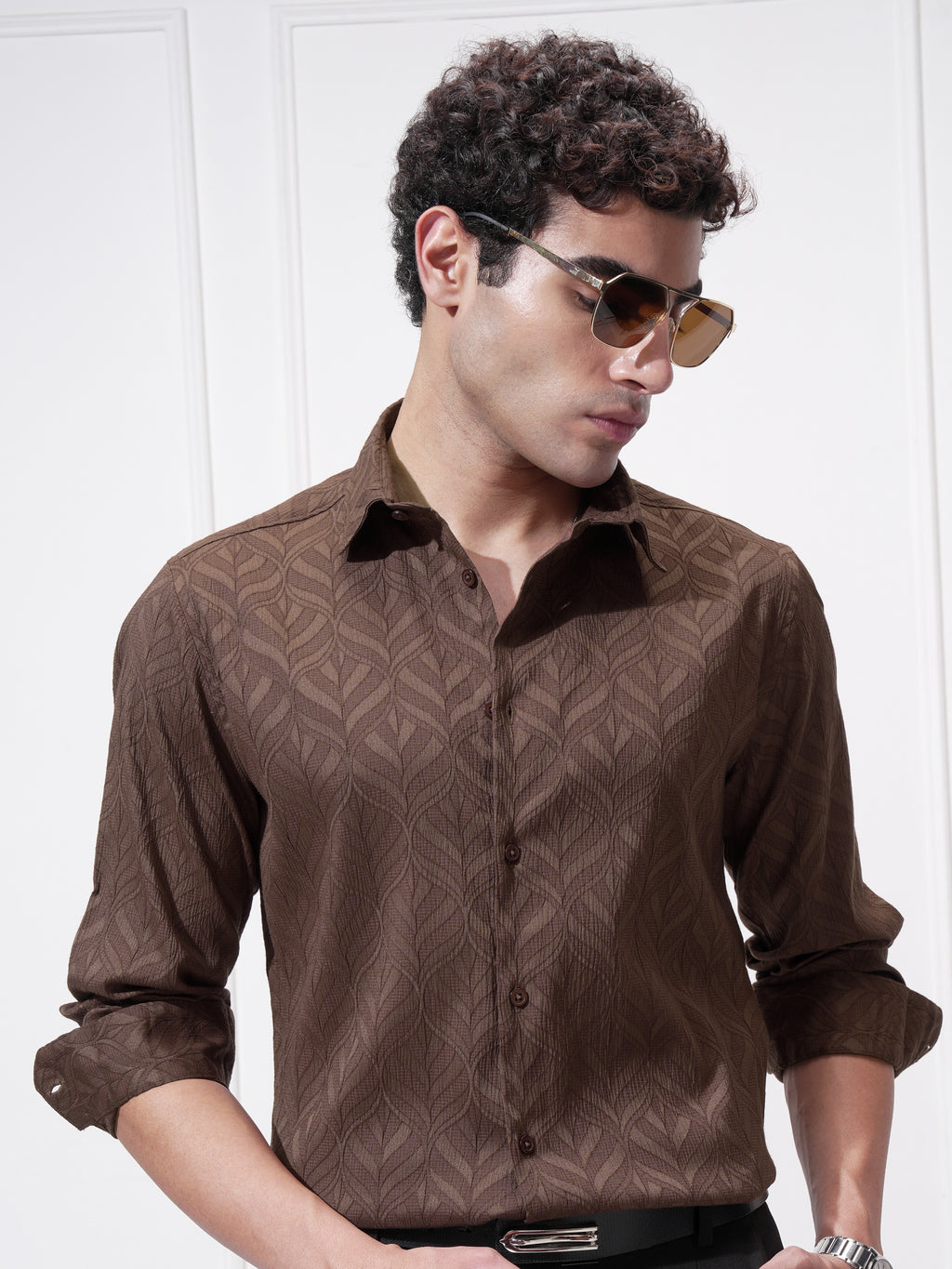 Highlander Men Brown Self Design Slim Fit Casual Shirt - Brown - Image 1