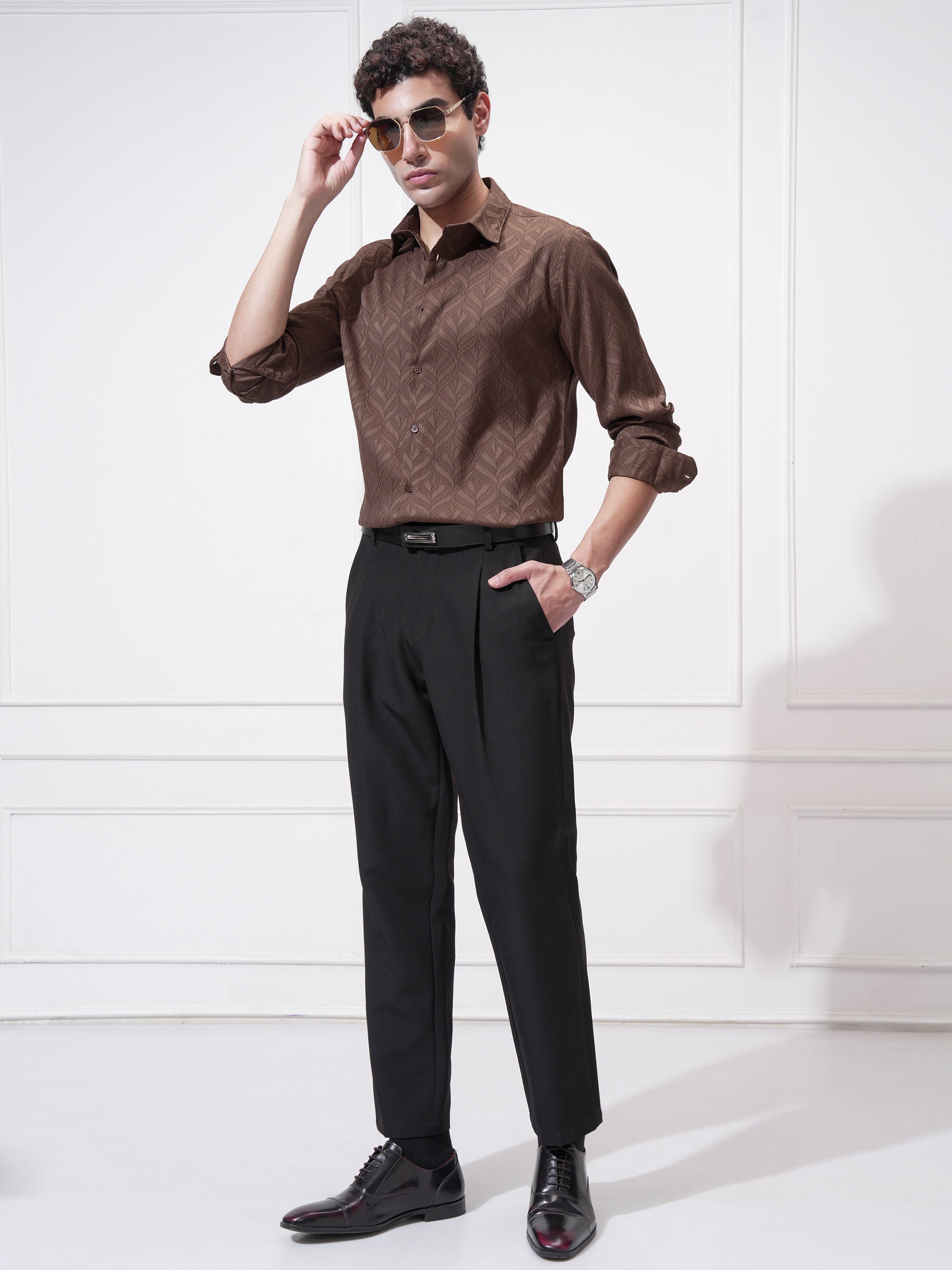 Highlander Men Brown Self Design Slim Fit Casual Shirt - Brown - Image 2