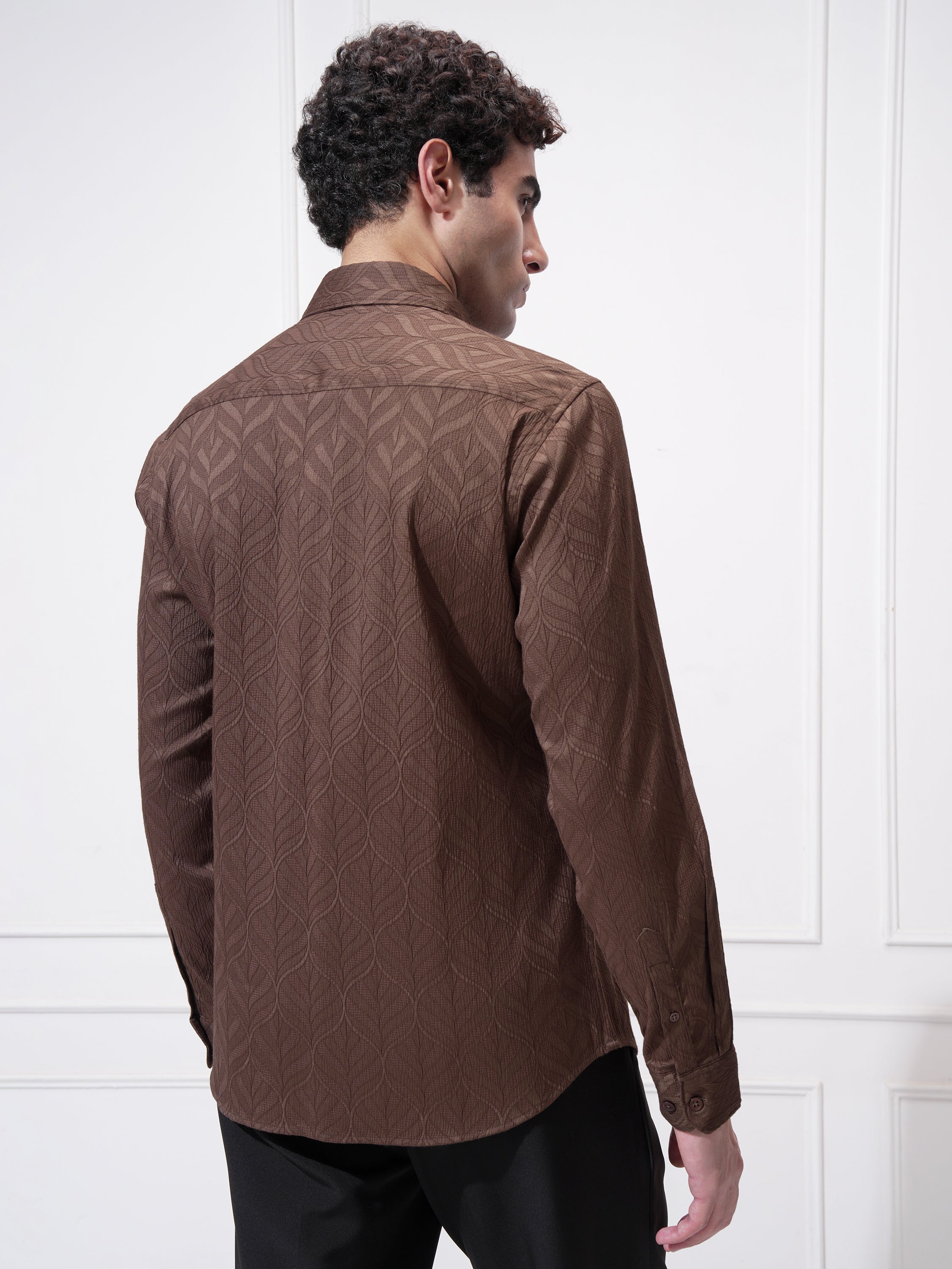 Highlander Men Brown Self Design Slim Fit Casual Shirt - Brown - Image 3