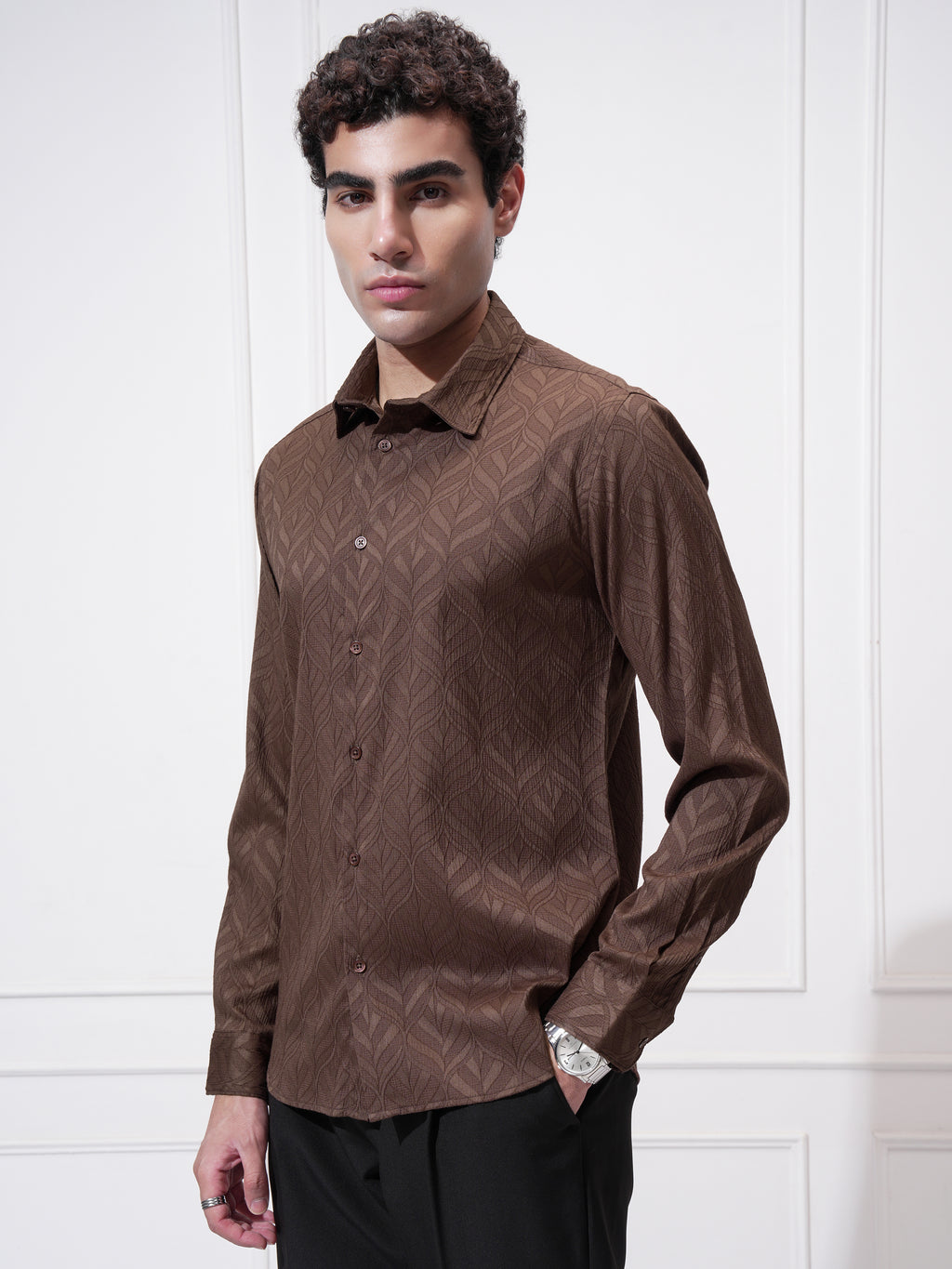 Highlander Men Brown Self Design Slim Fit Casual Shirt - Brown - Image 4