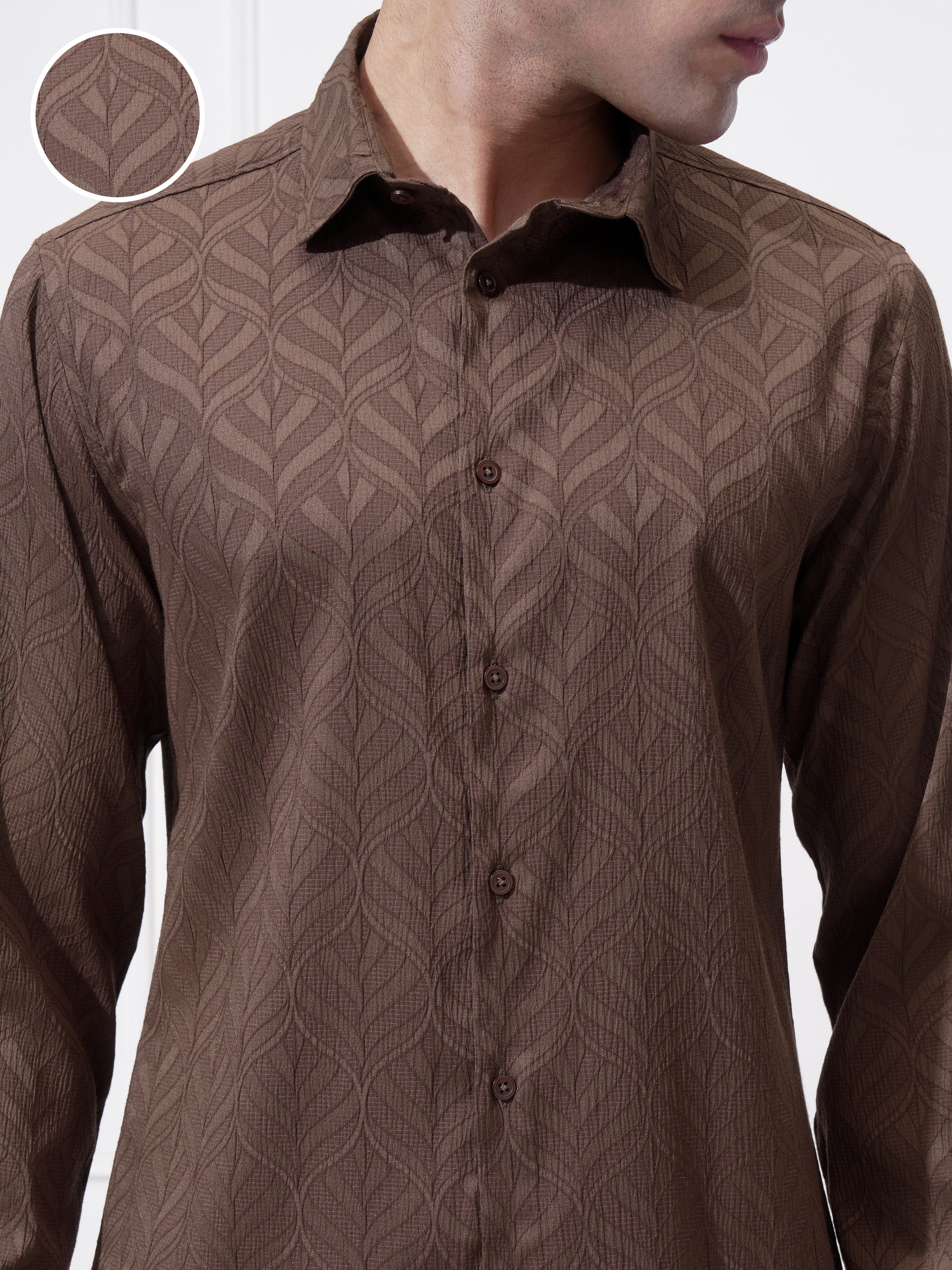 Highlander Men Brown Self Design Slim Fit Casual Shirt - Brown - Image 5