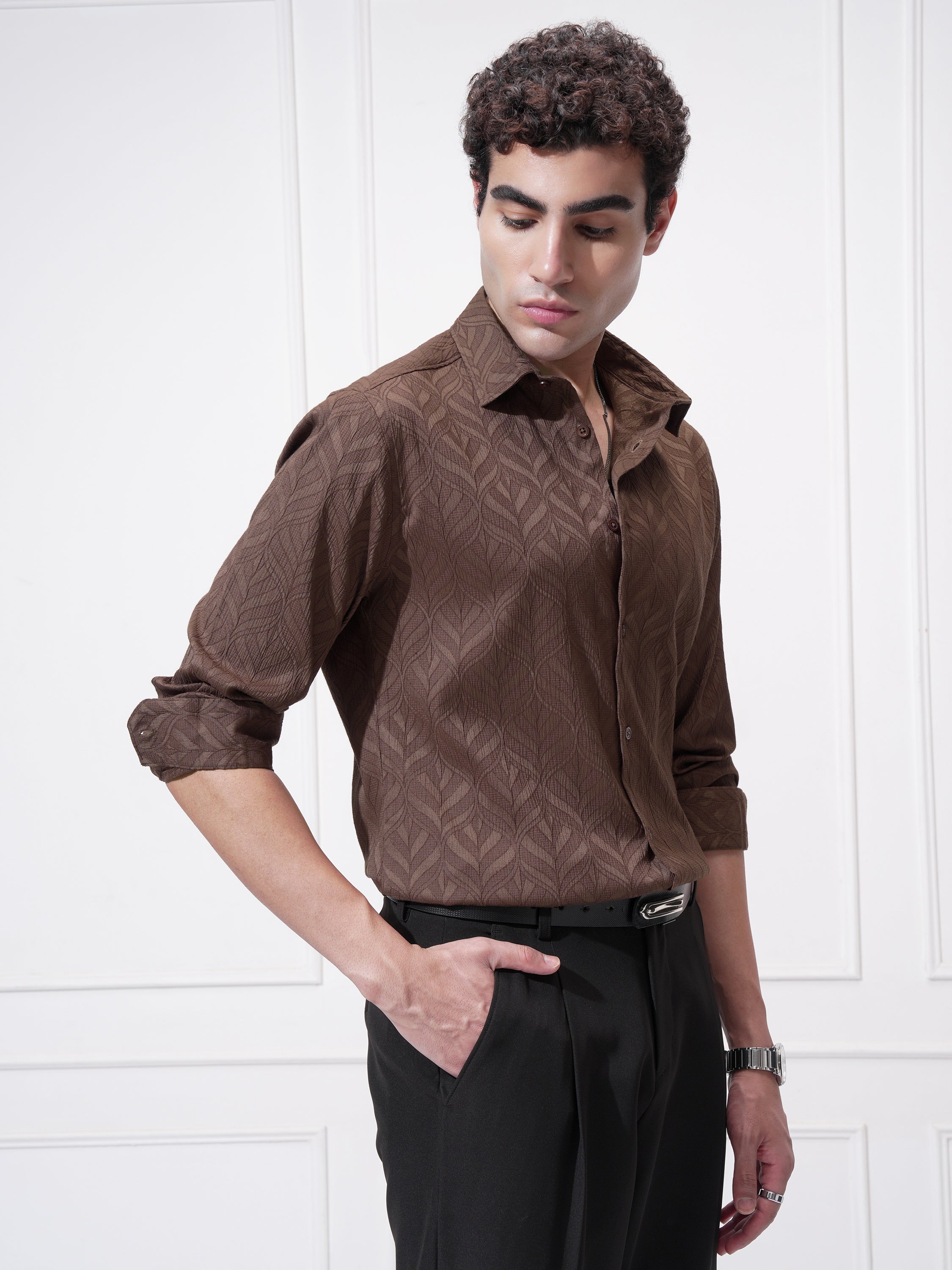 Highlander Men Brown Self Design Slim Fit Casual Shirt - Brown - Image 6