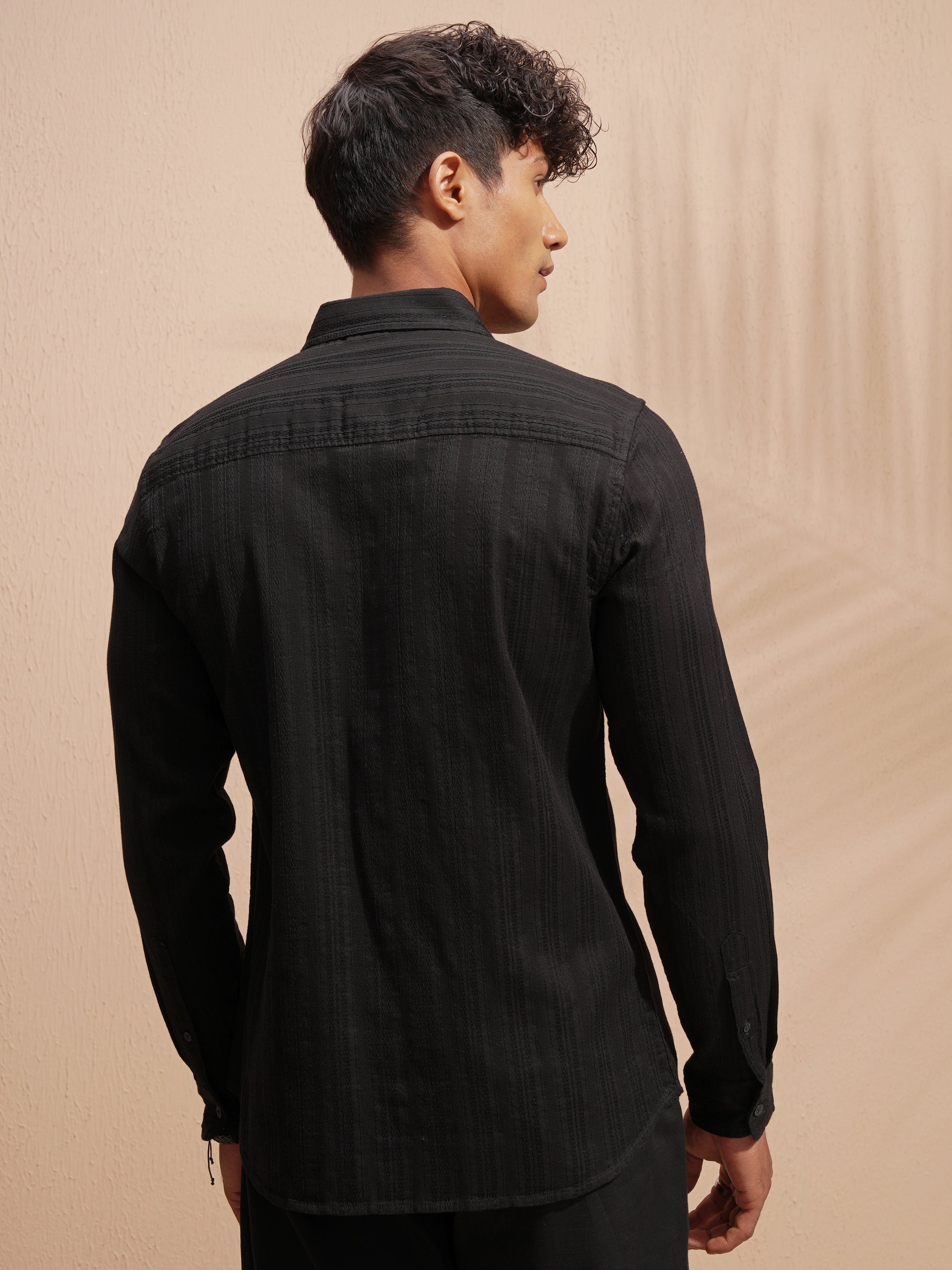 Highlander Men Black Striped Slim Fit Casual Shirt - Black - Image 3