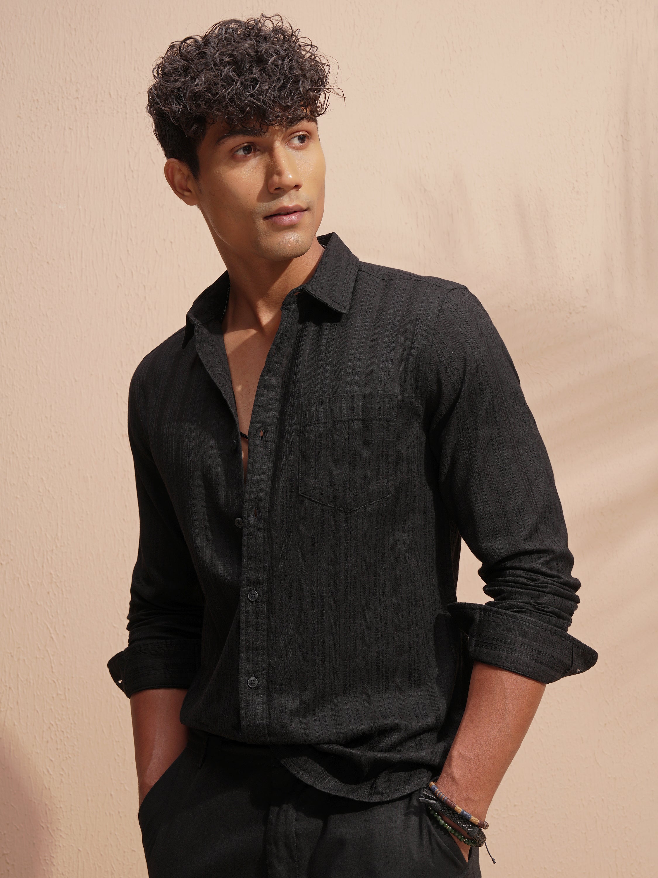 Highlander Men Black Striped Slim Fit Casual Shirt - Black - Image 4