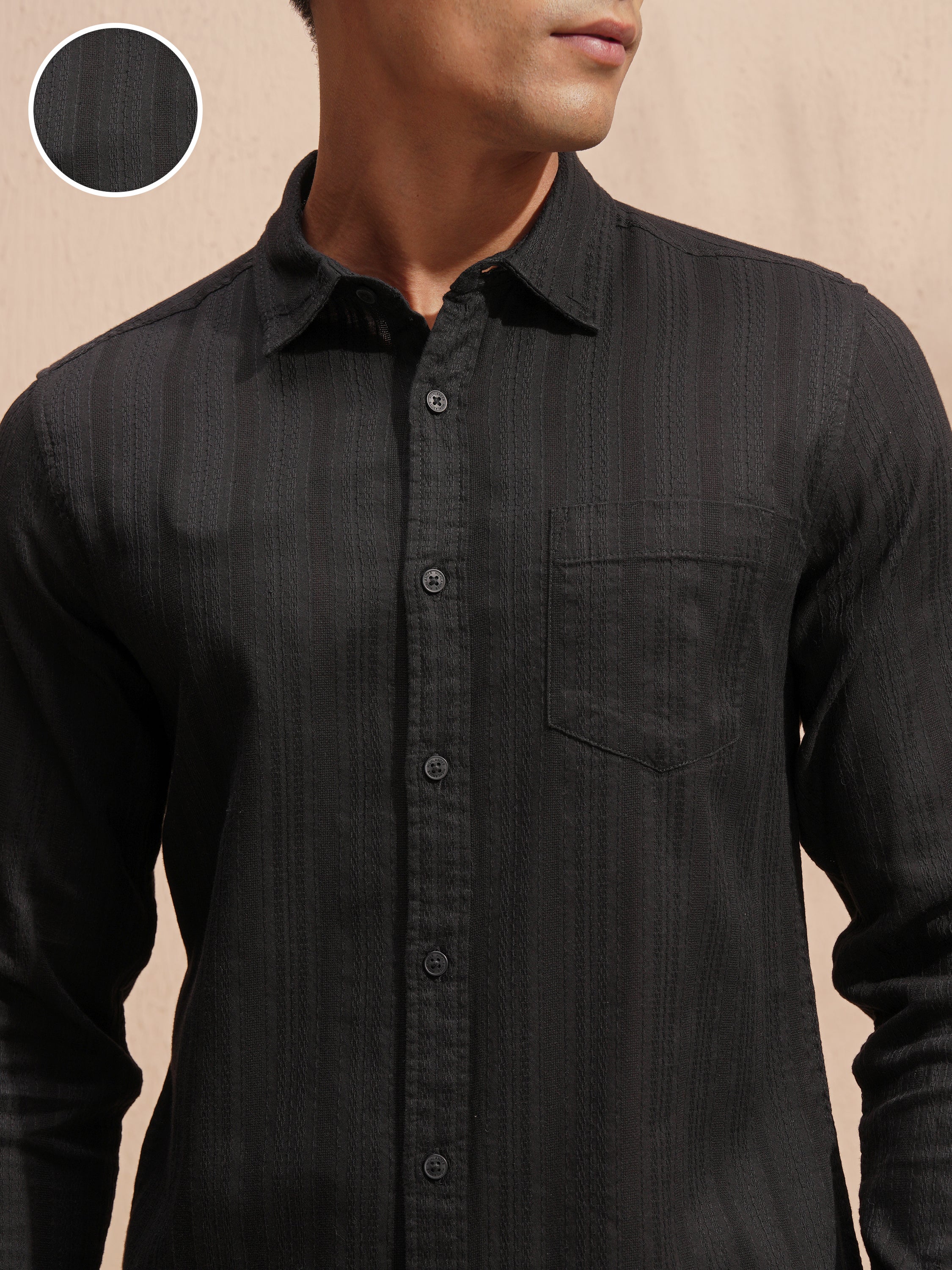 Highlander Men Black Striped Slim Fit Casual Shirt - Black - Image 5