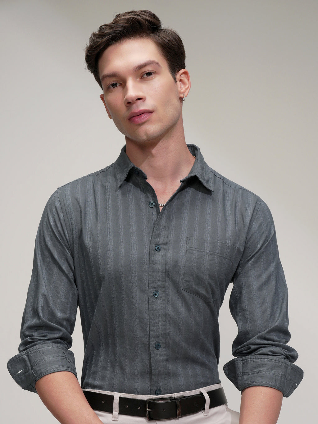 Highlander Men Grey Striped Slim Fit Casual Shirt - Grey - Image 1