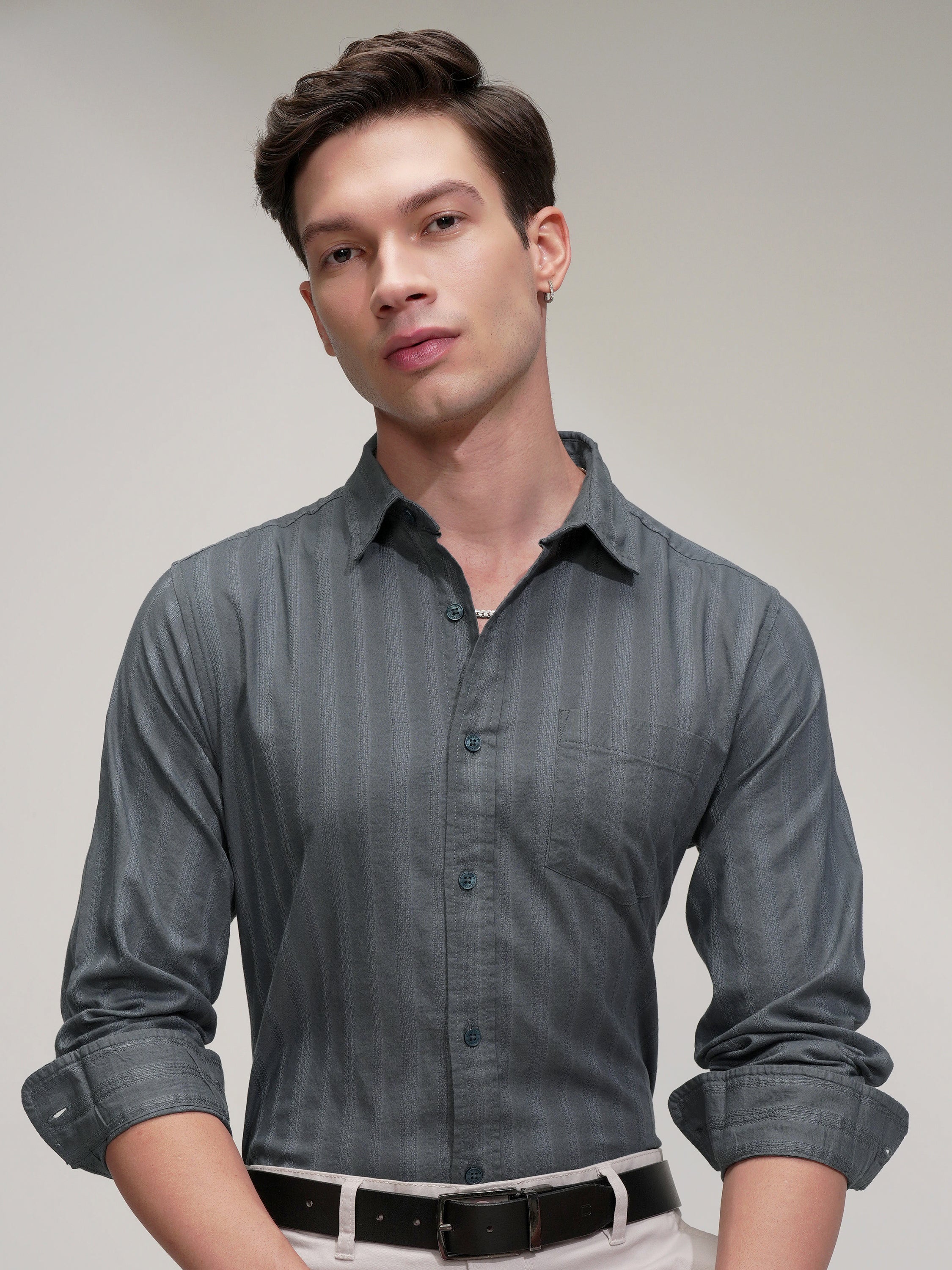 Highlander Men Grey Striped Slim Fit Casual Shirt - Grey - Image 1