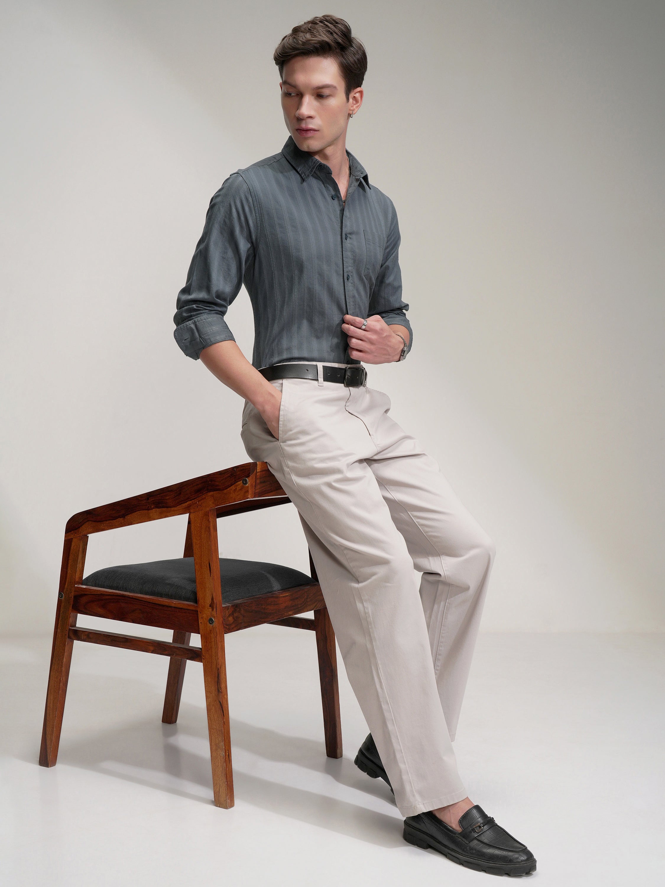 Highlander Men Grey Striped Slim Fit Casual Shirt - Grey - Image 2