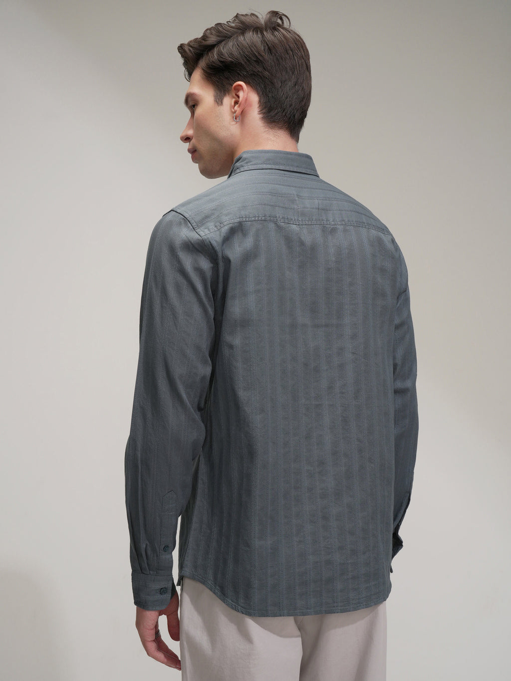 Highlander Men Grey Striped Slim Fit Casual Shirt - Grey - Image 3