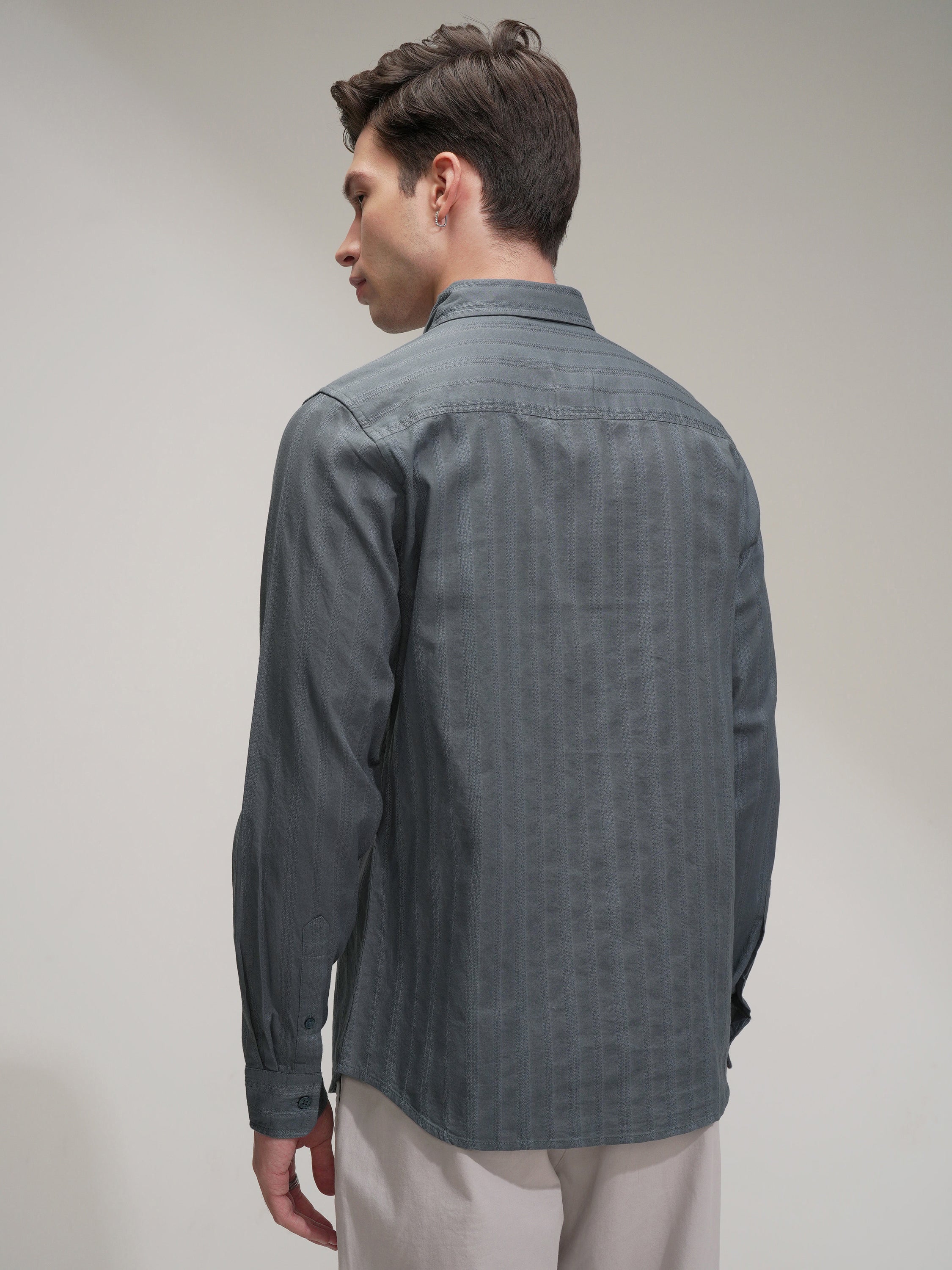 Highlander Men Grey Striped Slim Fit Casual Shirt - Grey - Image 3