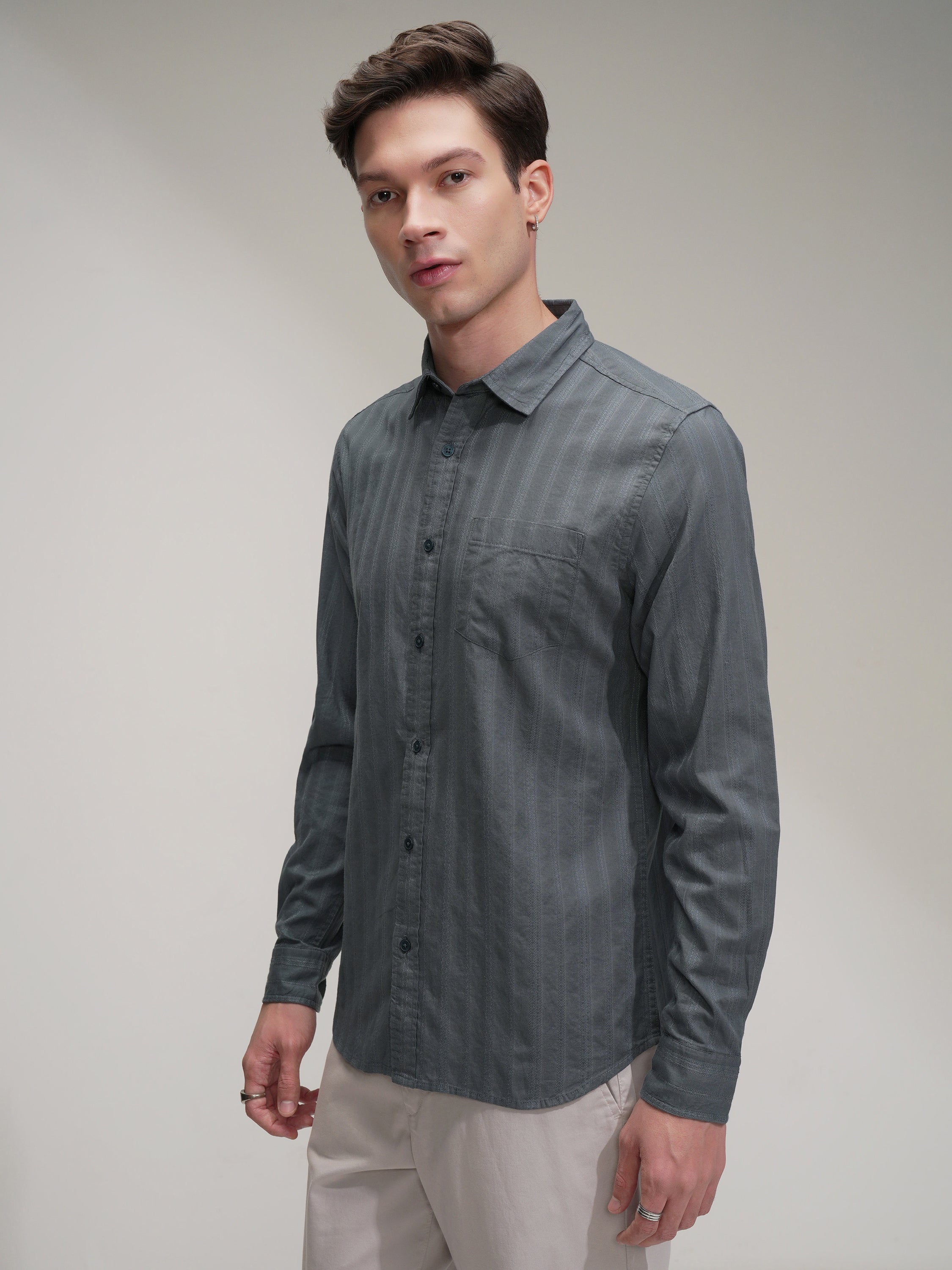 Highlander Men Grey Striped Slim Fit Casual Shirt - Grey - Image 4