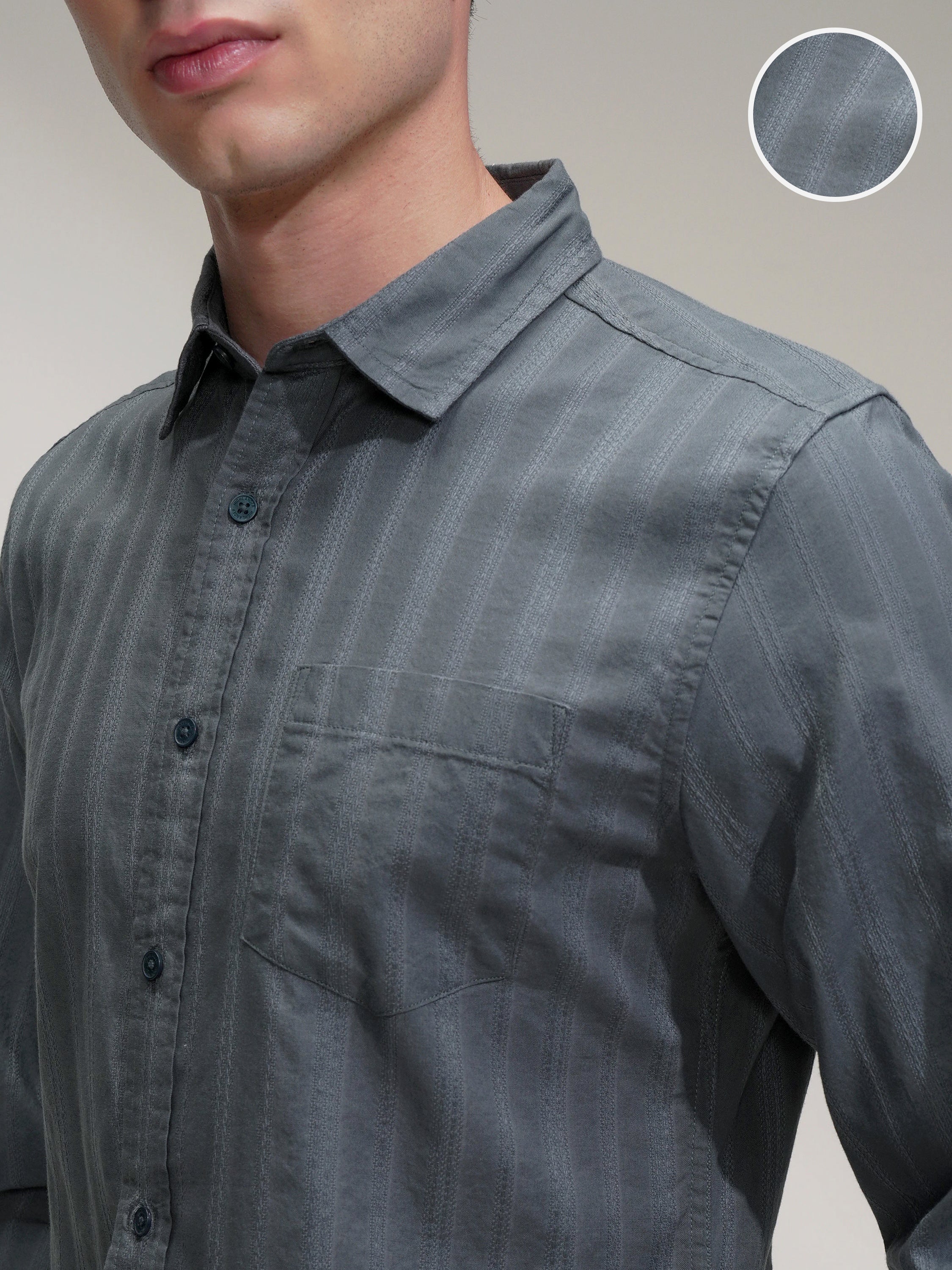 Highlander Men Grey Striped Slim Fit Casual Shirt - Grey - Image 5