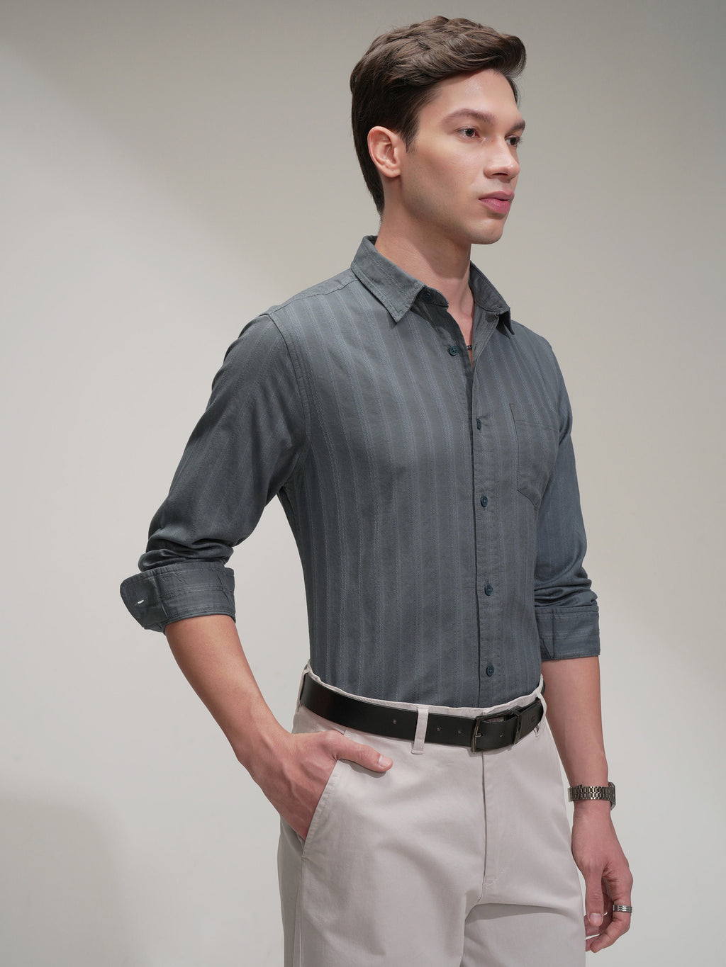 Highlander Men Grey Striped Slim Fit Casual Shirt - Grey - Image 6