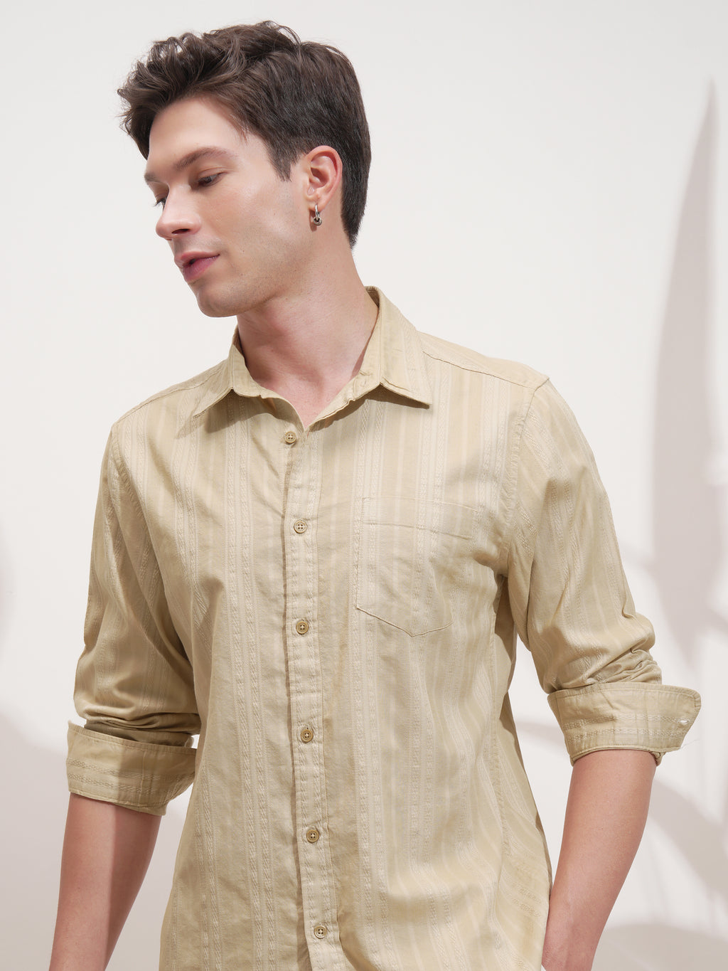 Highlander Men Beige Self Design Slim Fit Casual Shirt - Beige - Image 1