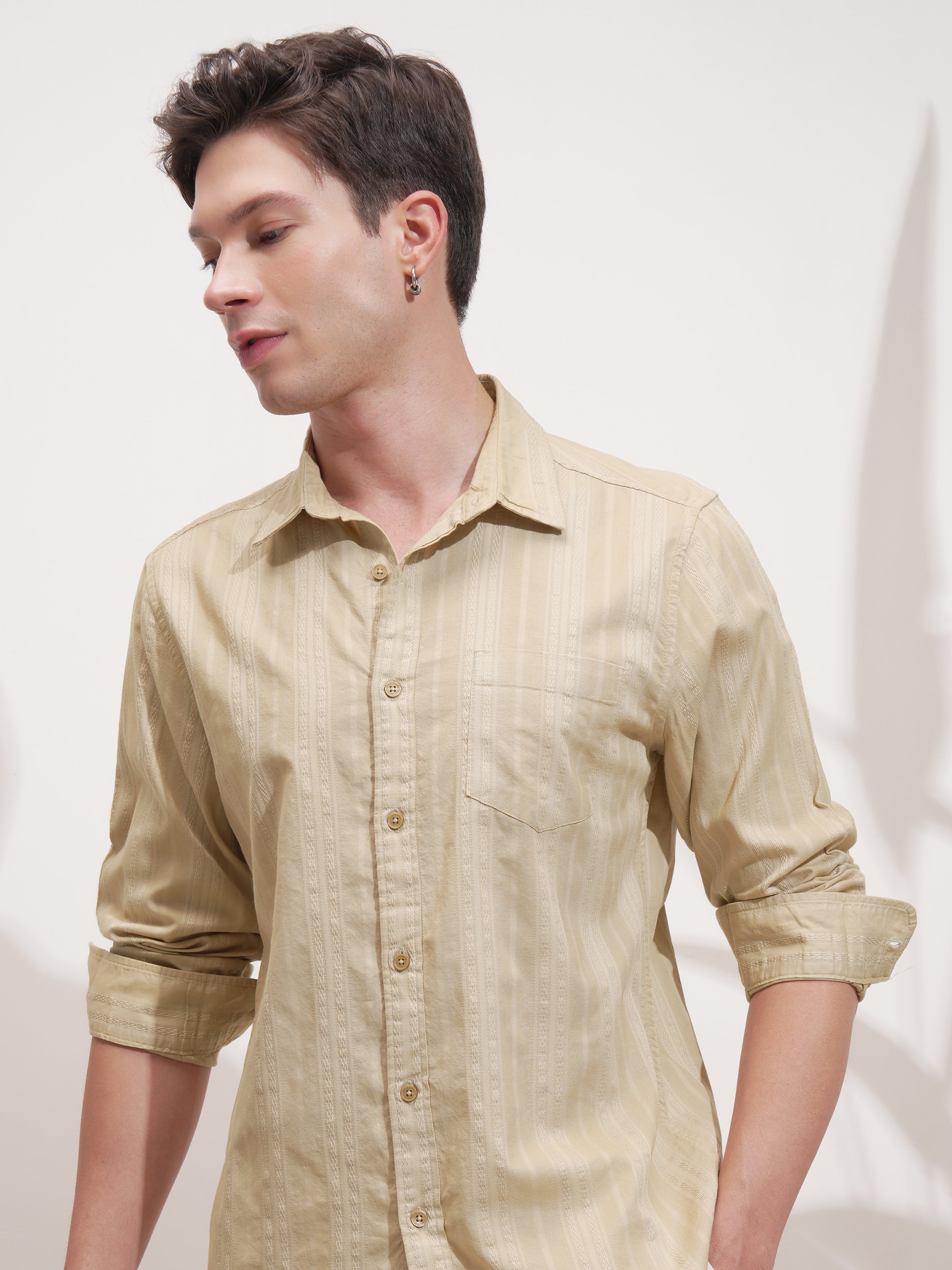 Highlander Men Beige Self Design Slim Fit Casual Shirt - Beige - Image 1