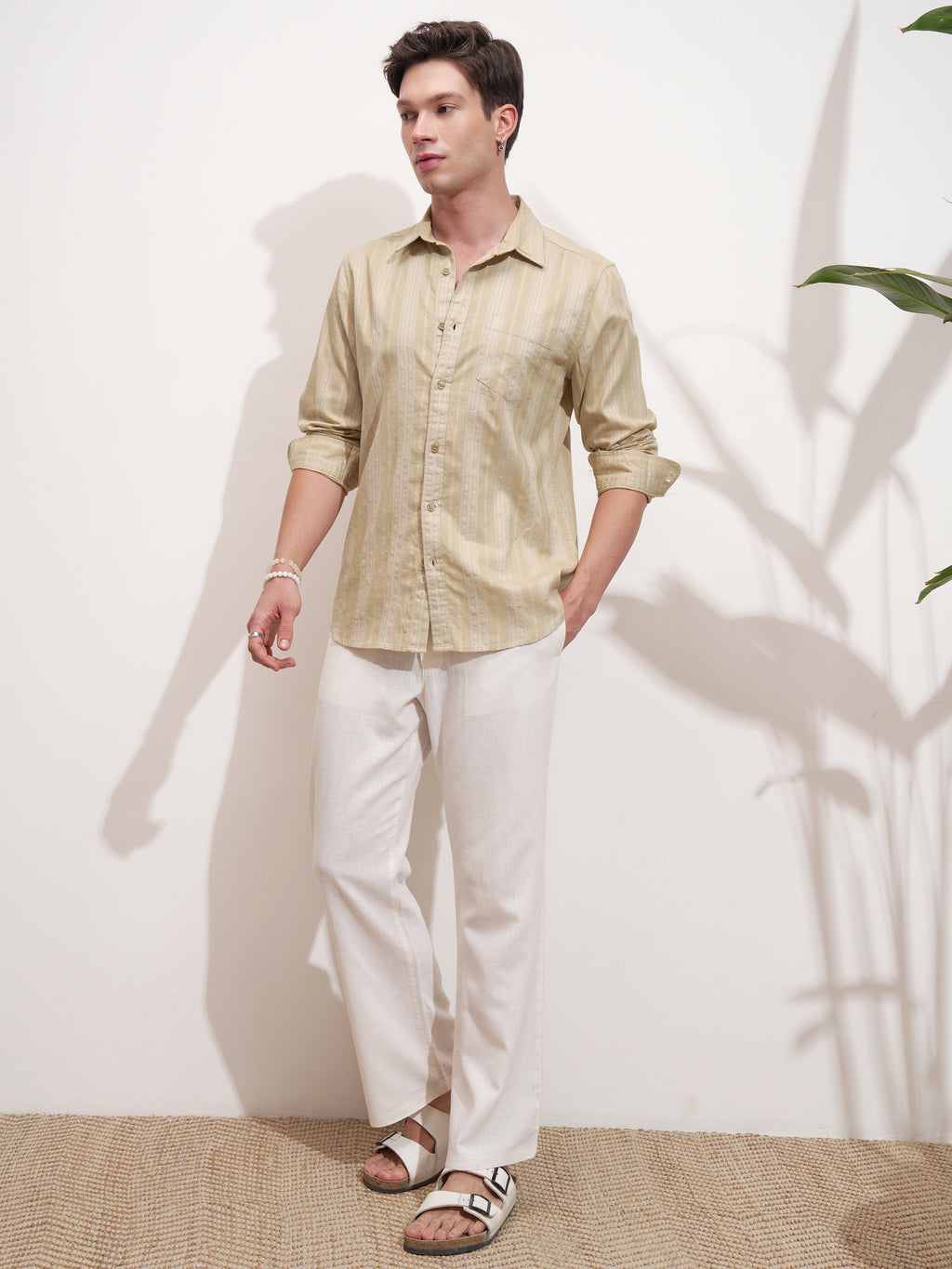 Highlander Men Beige Self Design Slim Fit Casual Shirt - Beige - Image 2