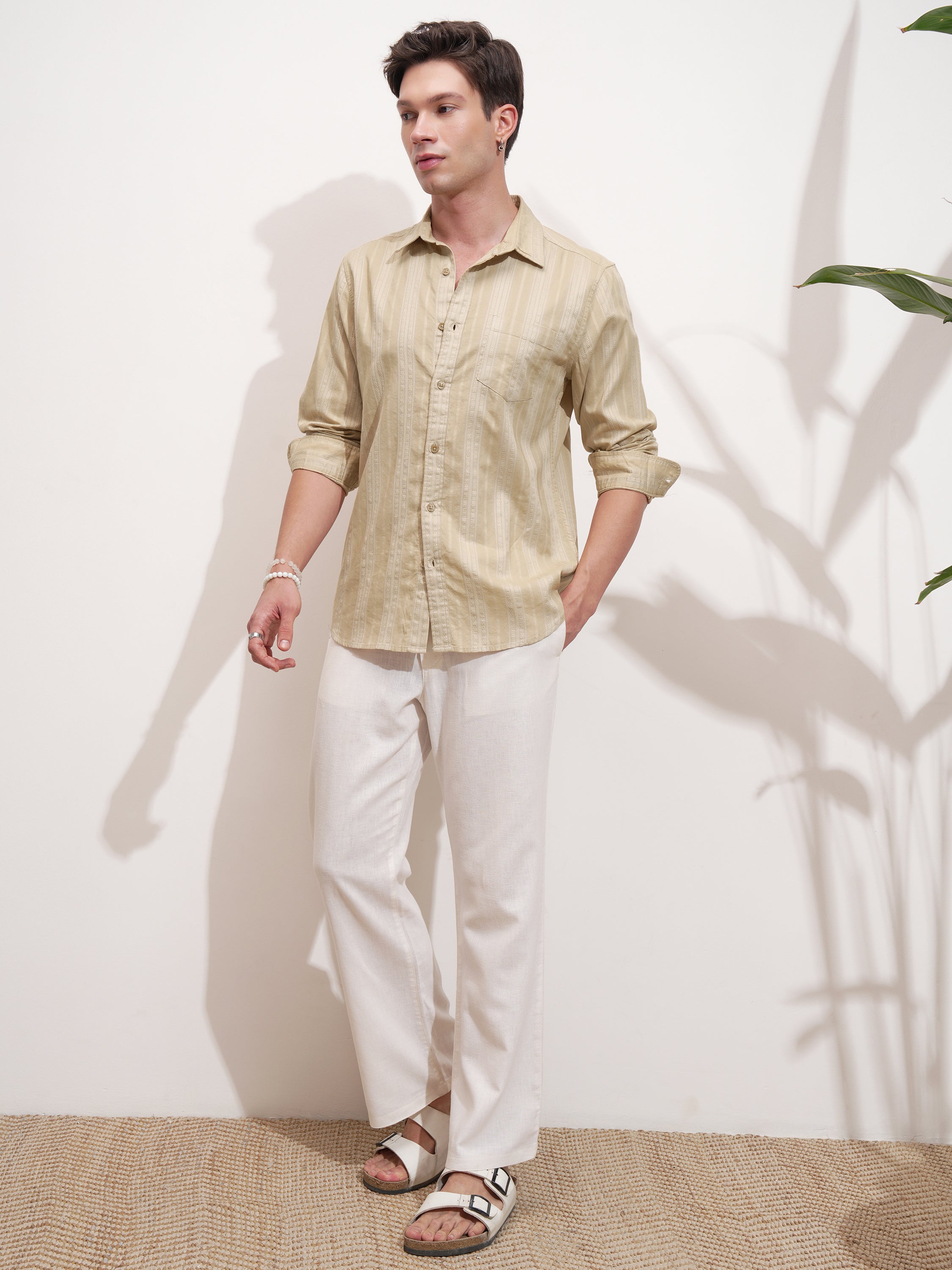 Highlander Men Beige Self Design Slim Fit Casual Shirt - Beige - Image 2