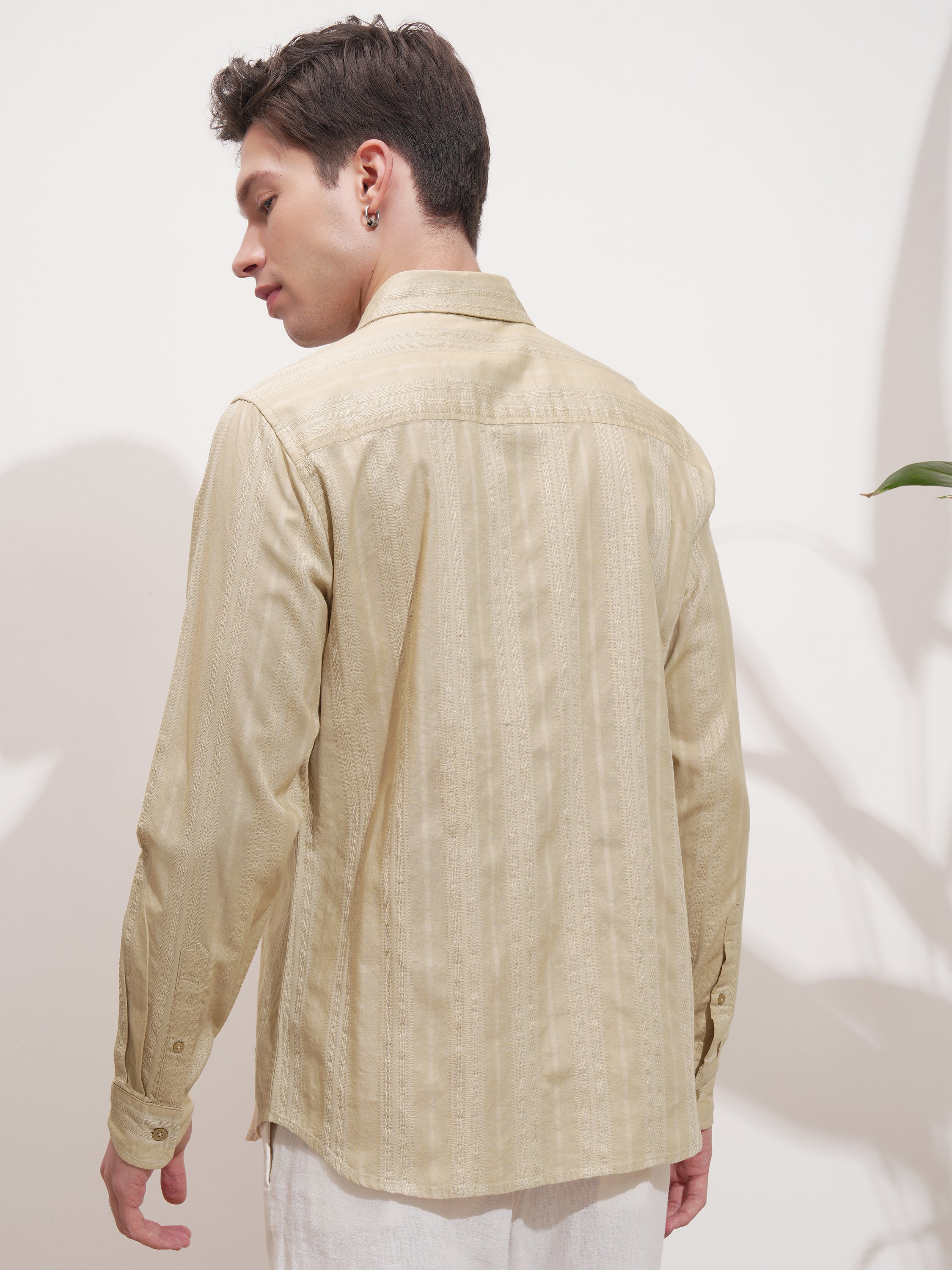 Highlander Men Beige Self Design Slim Fit Casual Shirt - Beige - Image 3