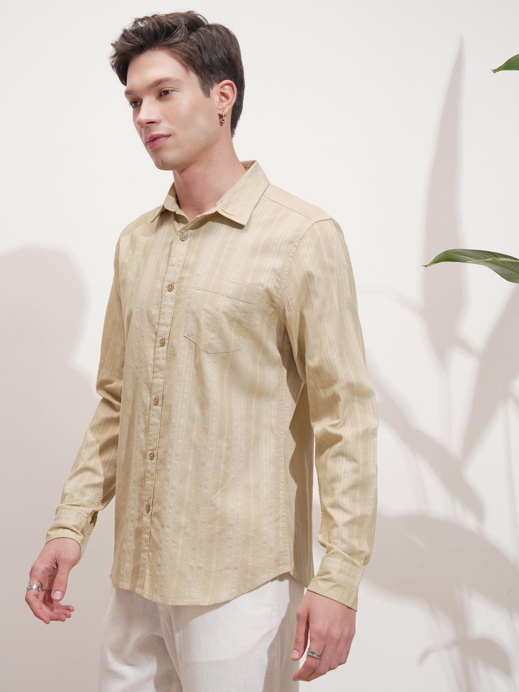 Highlander Men Beige Self Design Slim Fit Casual Shirt - Beige - Image 4