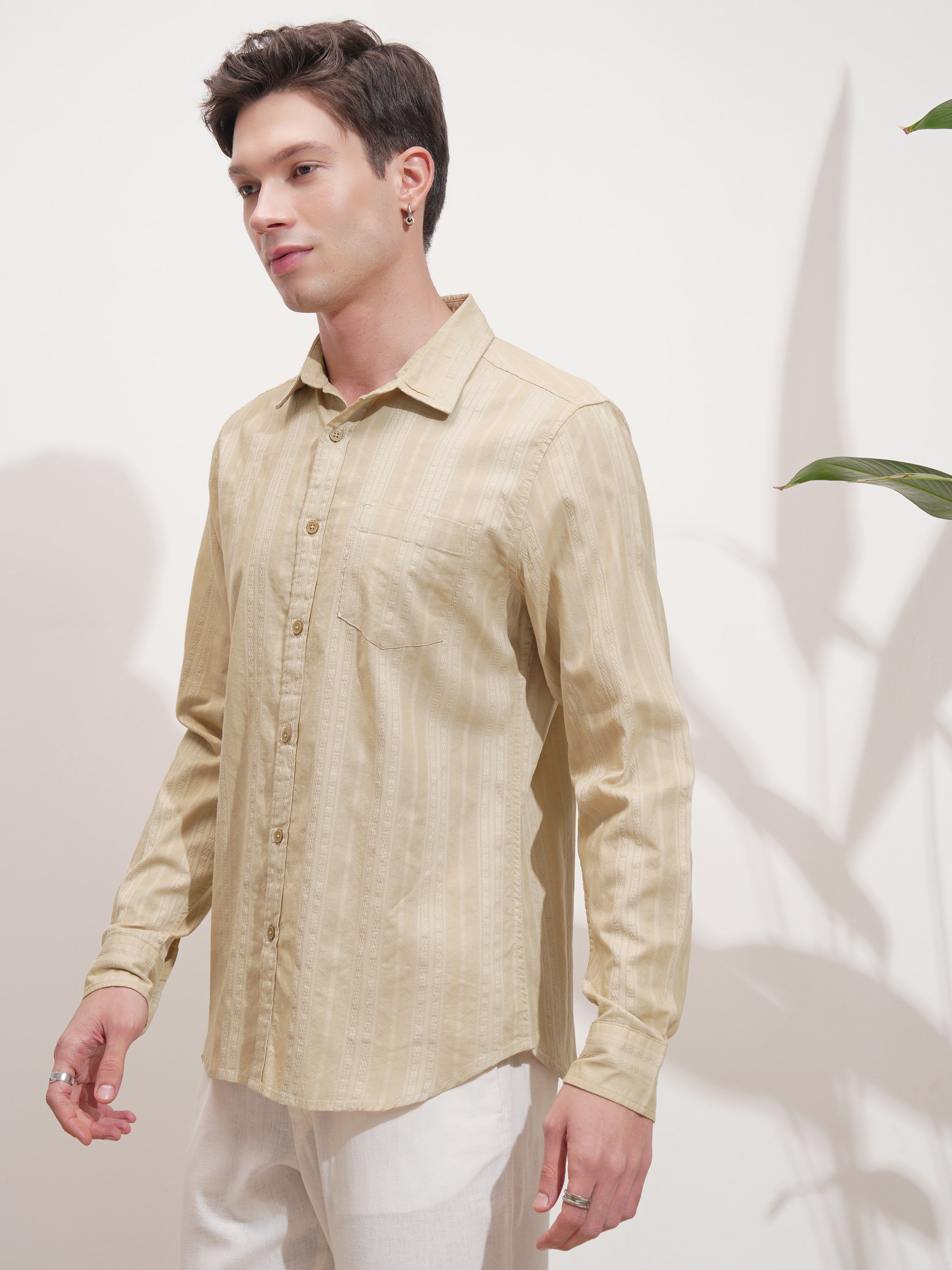 Highlander Men Beige Self Design Slim Fit Casual Shirt - Beige - Image 4