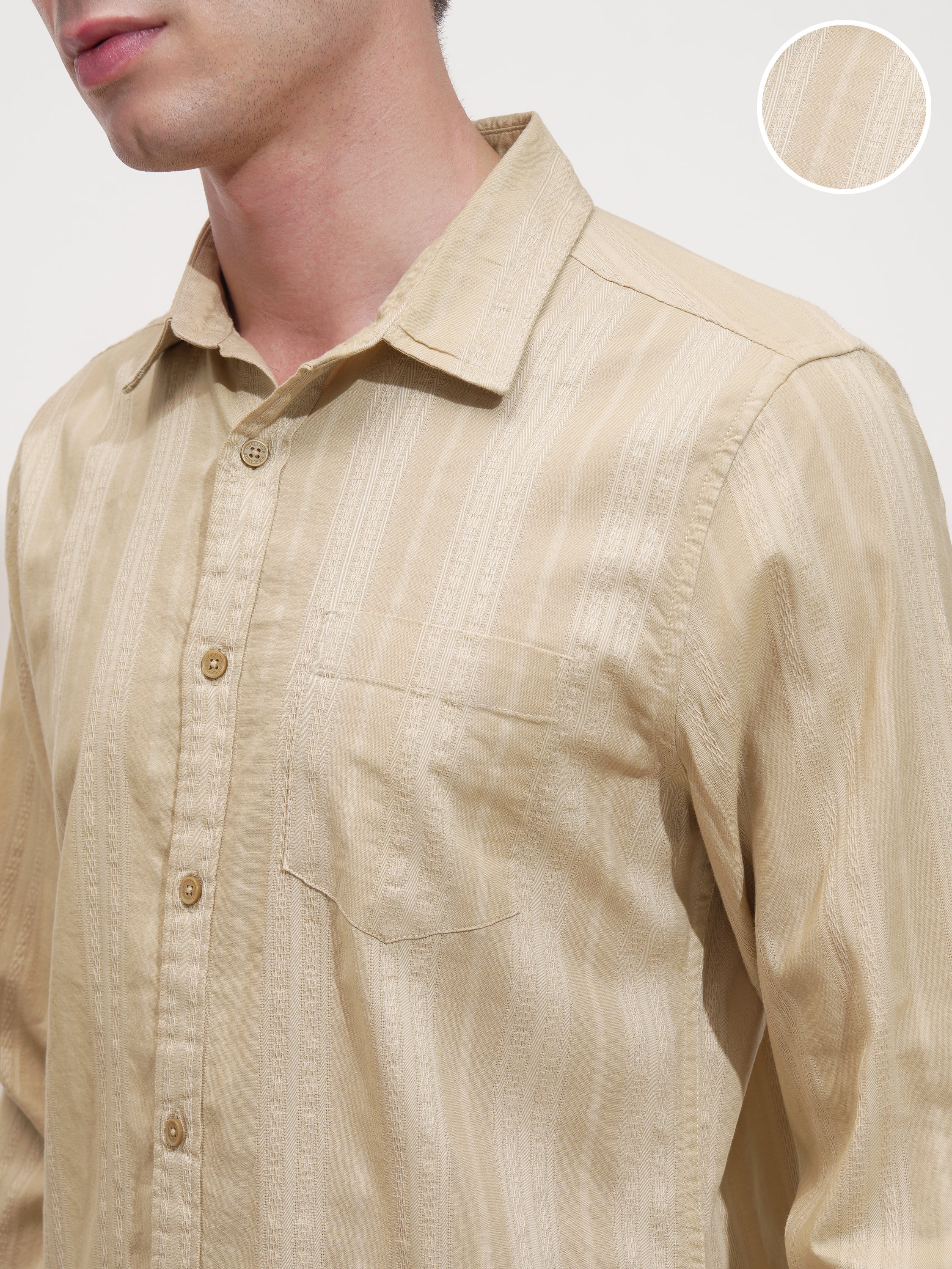Highlander Men Beige Self Design Slim Fit Casual Shirt - Beige - Image 5