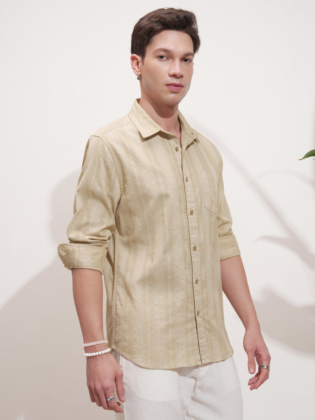 Highlander Men Beige Self Design Slim Fit Casual Shirt - Beige - Image 6