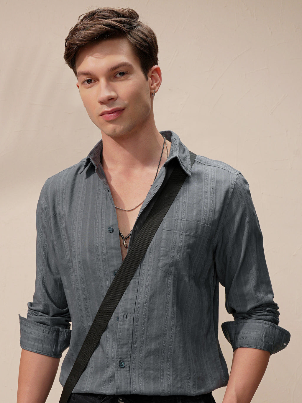 Highlander Men Grey Self Design Slim Fit Casual Shirt - Grey - Image 1