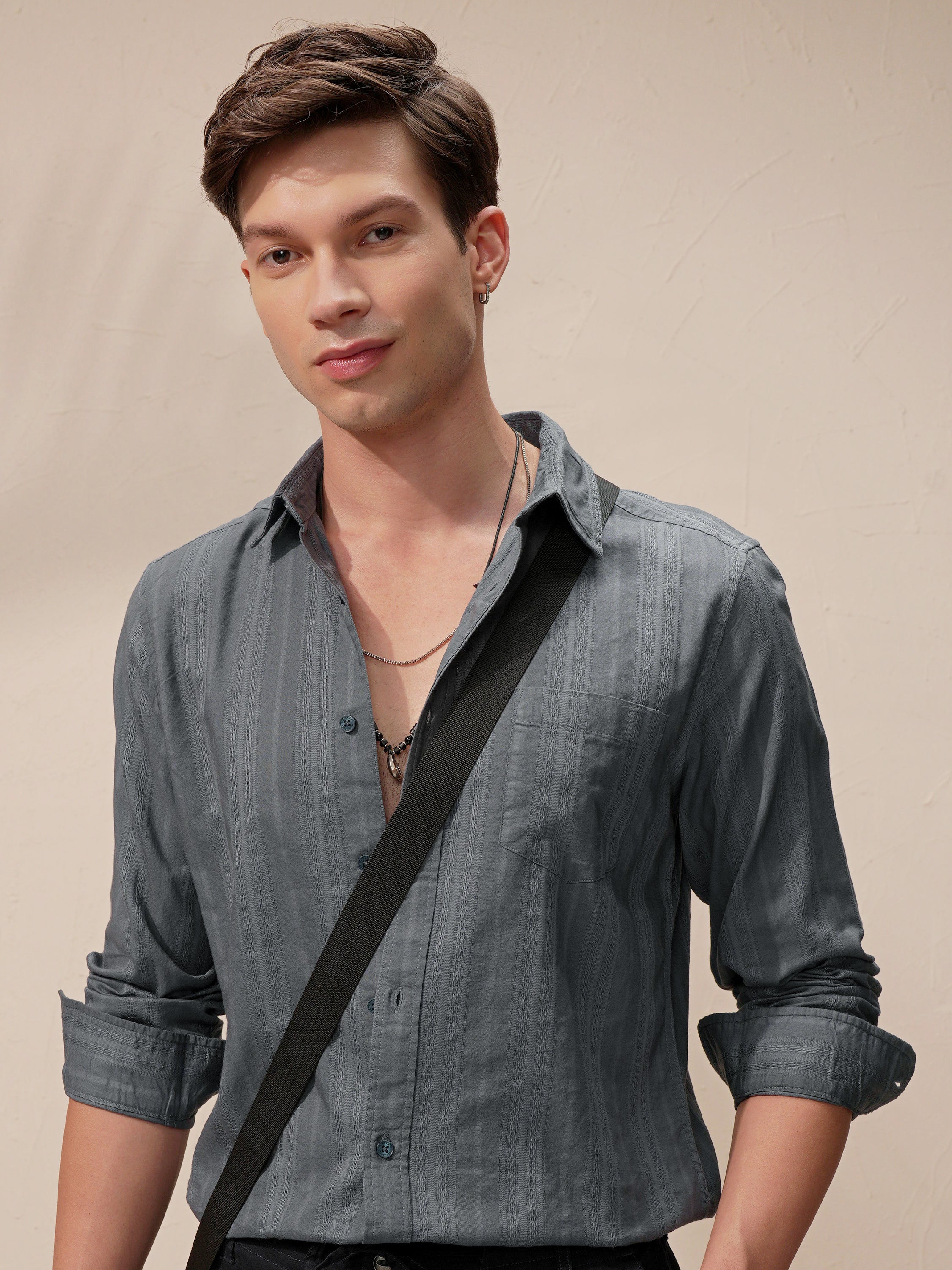 Highlander Men Grey Self Design Slim Fit Casual Shirt - Grey - Image 1