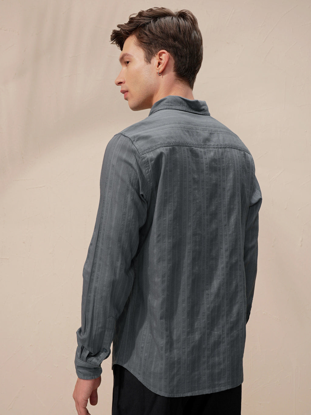 Highlander Men Grey Self Design Slim Fit Casual Shirt - Grey - Image 3